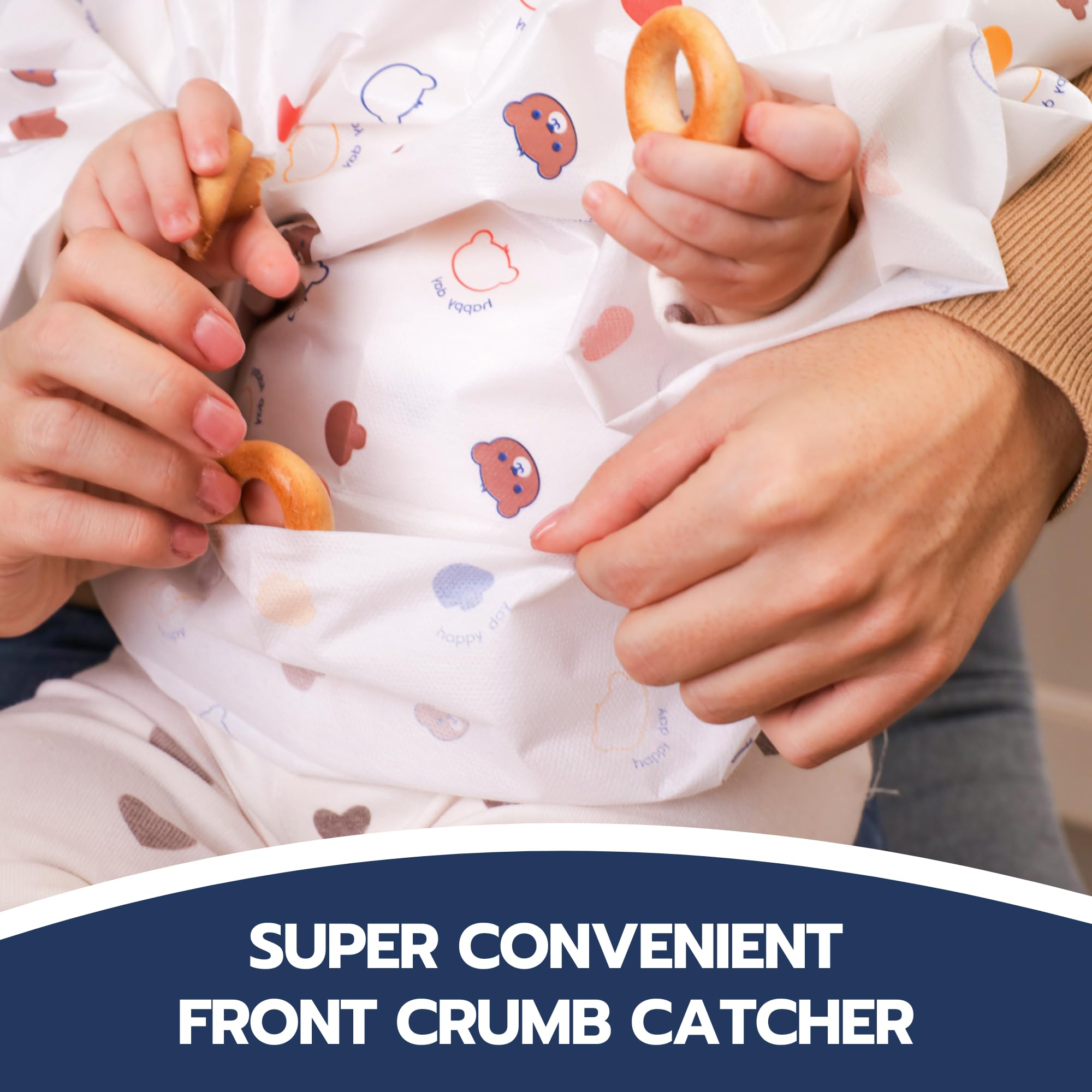 Waterproof Disposable Baby Bibs with Long Sleeves & Crumb Catcher - Individually Wrapped 10 Pack for Messy Meals, Travel & Daycare Use