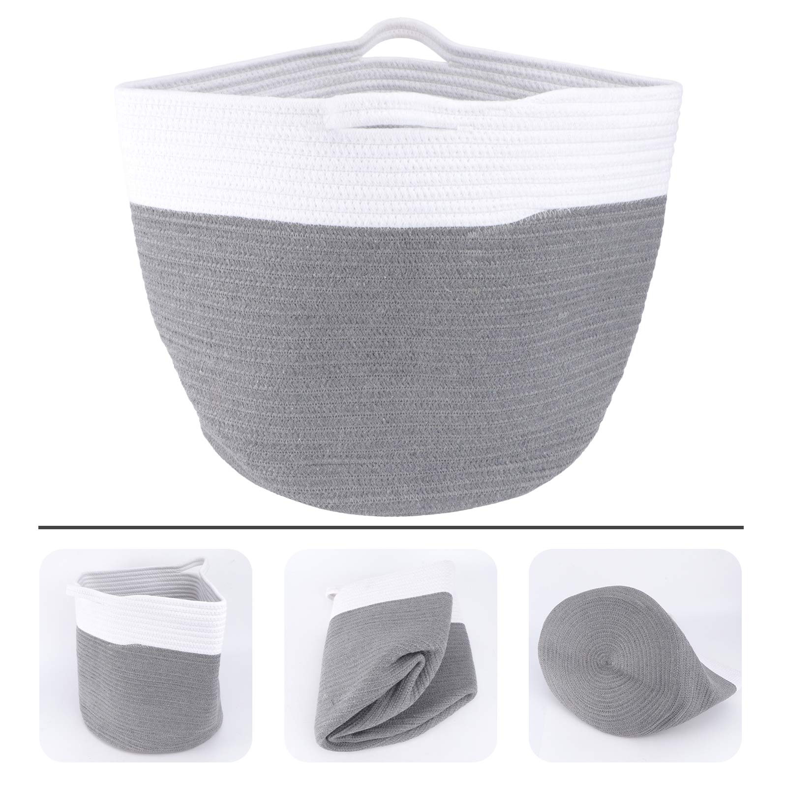 BESPORTBLE Foldable Storage Basket with Lid - Collapsible Cotton Storage Bin for Home Organization, Decorative White Cotton Thread Basket - Perfect for Closet, Bathroom, Nursery & Laundry Room Storage