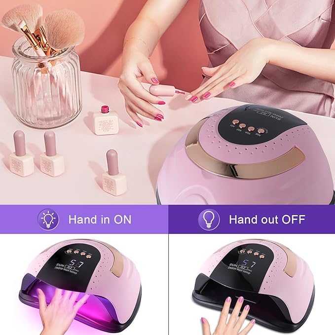Professional 268W UV LED Nail Lamp with Auto Sensor - 57 LED Beads, 4 Timer Settings for Fast Gel Polish Curing | Perfect for Home Manicures & Salon Nail Art (Pink)