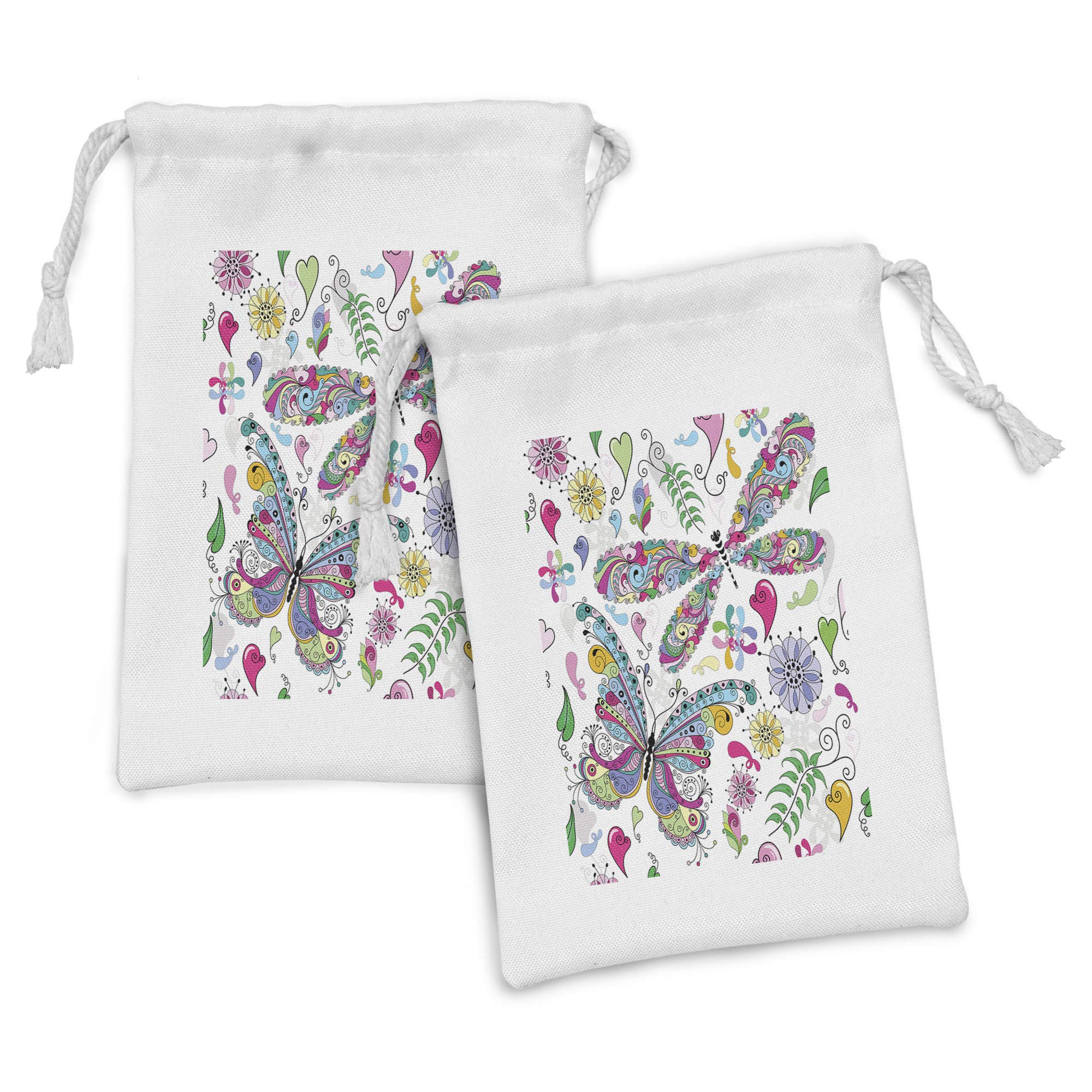Ambesonne Dragonfly Fabric Pouch Set of 2 - Butterfly & Dragonfly Paisley Pattern Drawstring Bags for Toiletries, Travel Essentials, Jewelry Storage & Party Favors (9