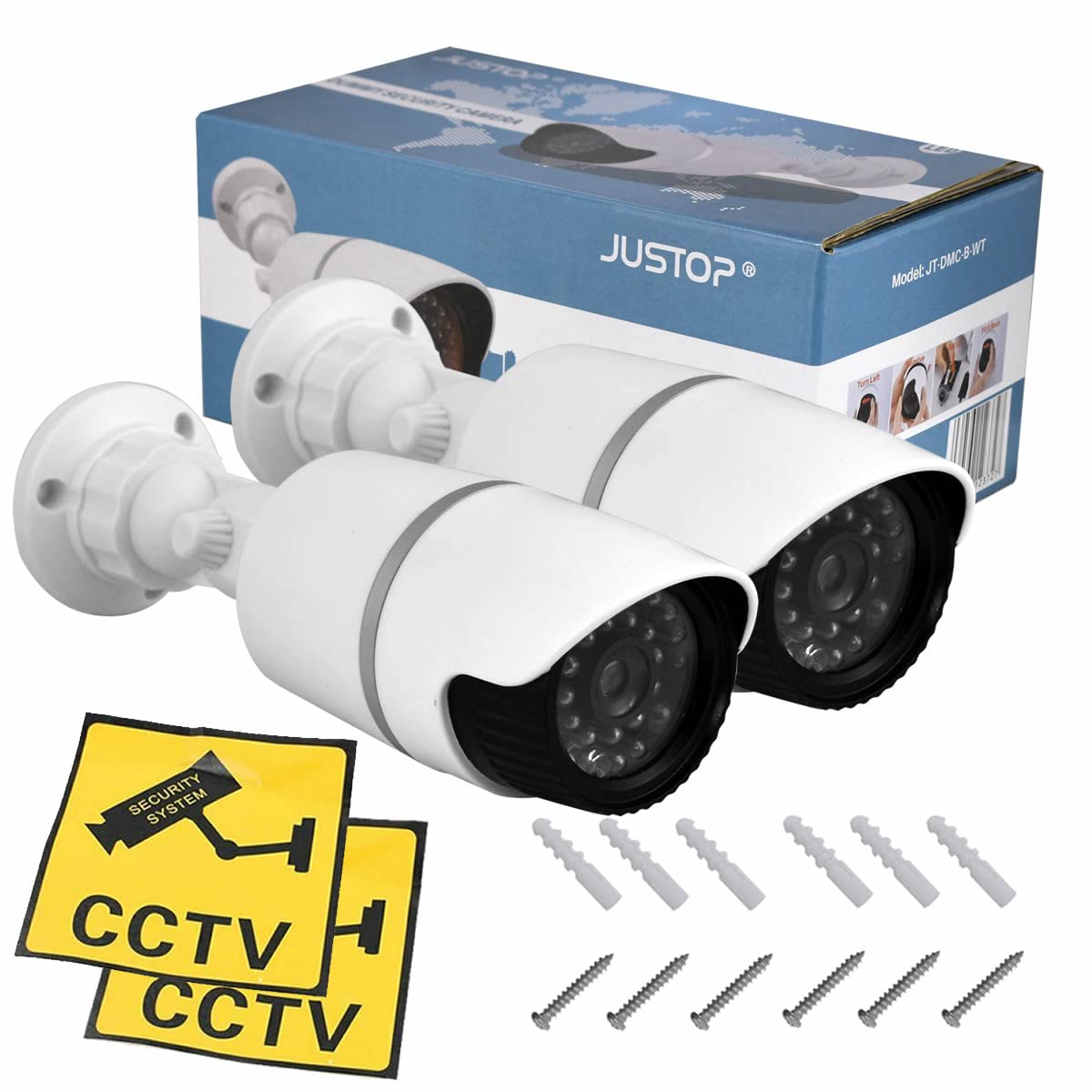 JUSTOP 2 Pack Fake Security Cameras with Flashing LED - Dummy Bullet CCTV Surveillance Camera for Indoor Outdoor Use - Waterproof, Black & White Professional Design - Ideal for Home, Office, and Business Security