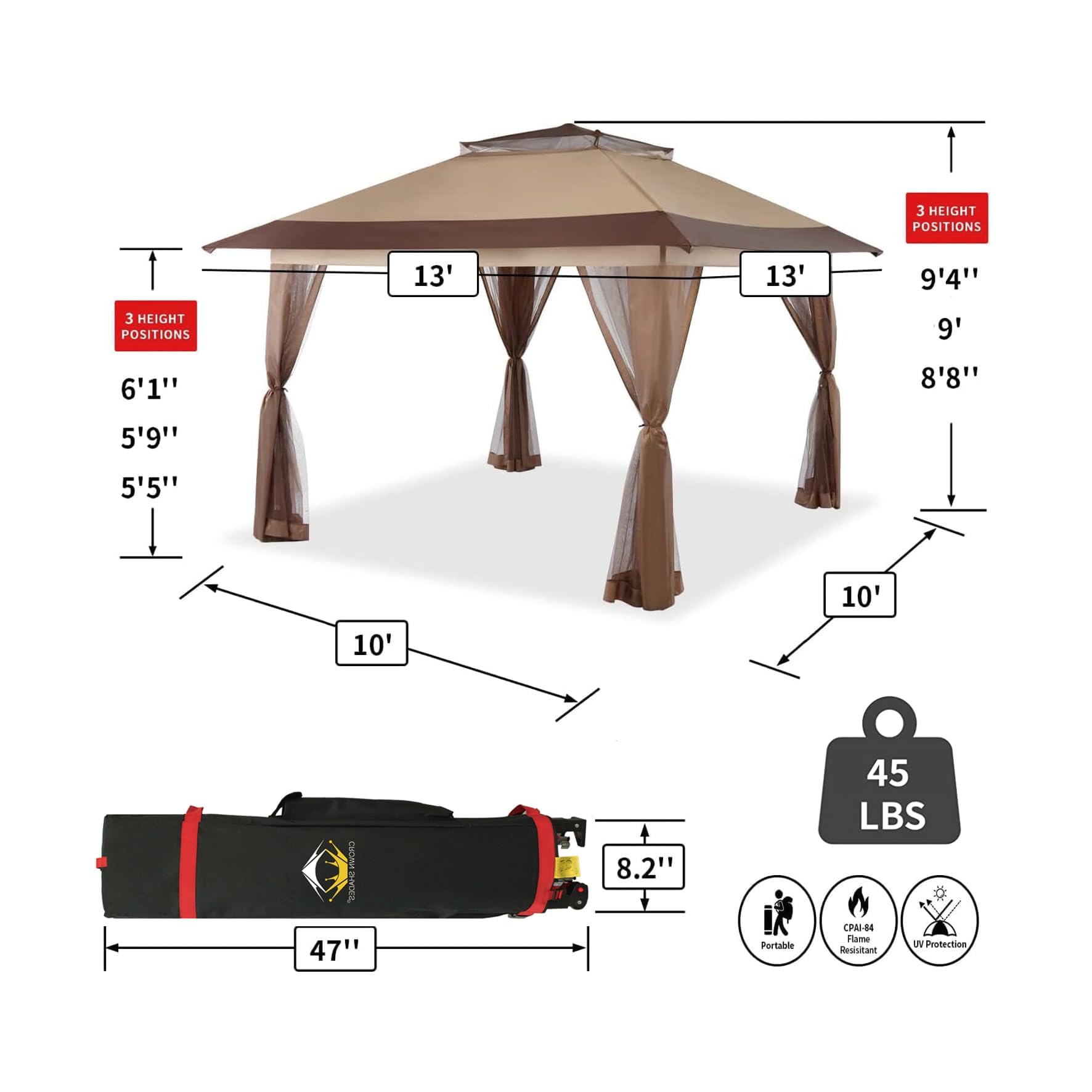 13x13 Pop Up Gazebo with Wheeled Carry Bag - Portable Canopy Tent for Outdoor Patio, Backyard, Camping & Beach - Waterproof Sun Shelter for Parties, Picnics & Events (Beige & Coffee)