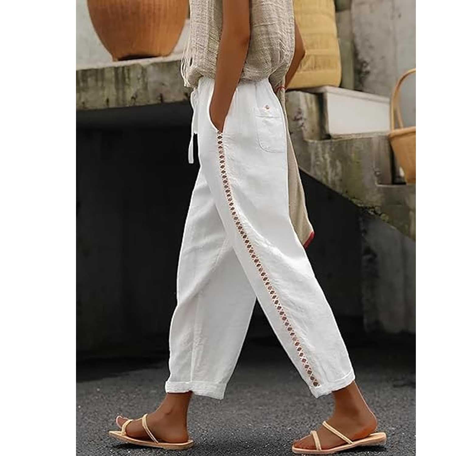 Orwya Women's Linen Pants with Stripes - Olzeep Classic Striped Side Pocket Pants for Women | Perfect for Summer, Office Wear & Casual Outfits