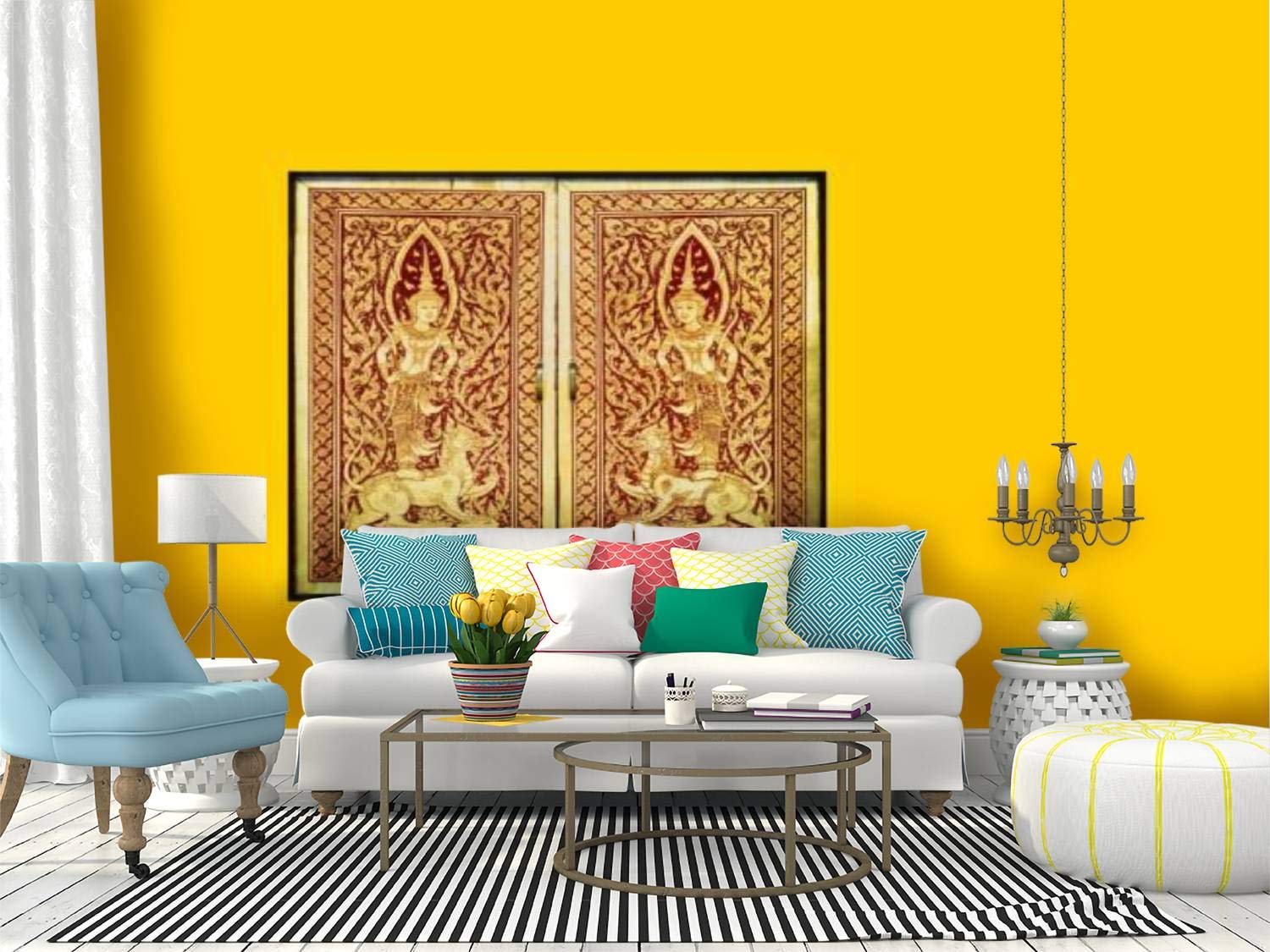 Thai Temple Doors Peel and Stick Wallpaper - Self-Adhesive Removable Vinyl Wall Mural for Home Decor | Yellow Background Indian Door Design | Perfect for Living Room, Bedroom, or Office Accent Wall