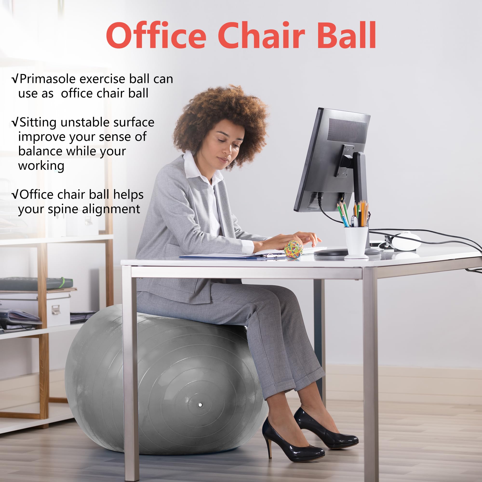 Primasole Exercise Ball for Stability, Core Strength & Fitness - Anti-Burst Yoga Ball for Home Workouts, Pilates, Office Chair & Pregnancy - Perfect for Gym, Physical Therapy & Postpartum Recovery