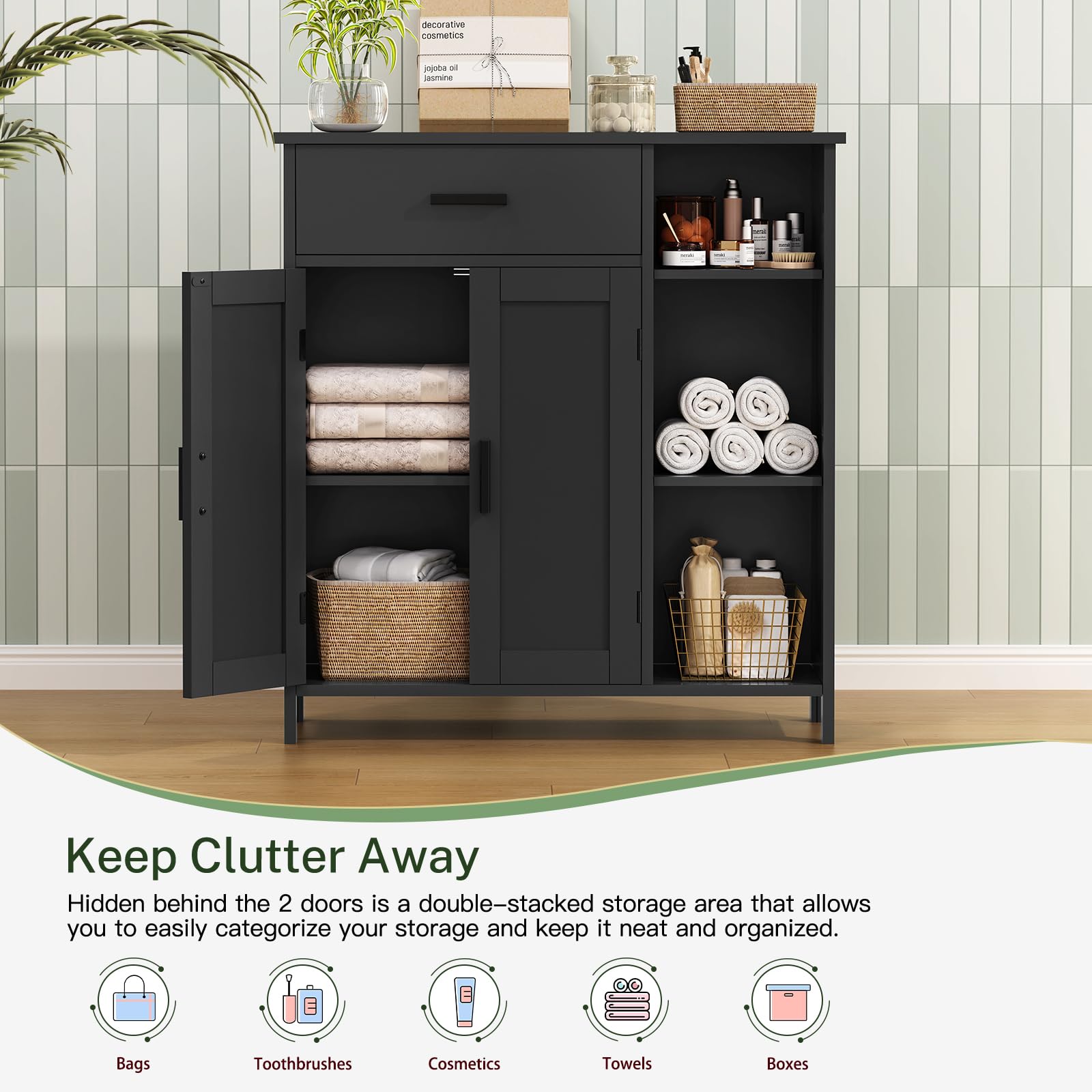 Wooden Storage Cabinet with 2 Doors & 3 Shelves - Entryway, Living Room & Bathroom Organizer - Coffee Bar Cabinet, Floor Cabinet for Home Organization (Black) - Perfect for Small Spaces, Entry Storage & Coffee Station Setup