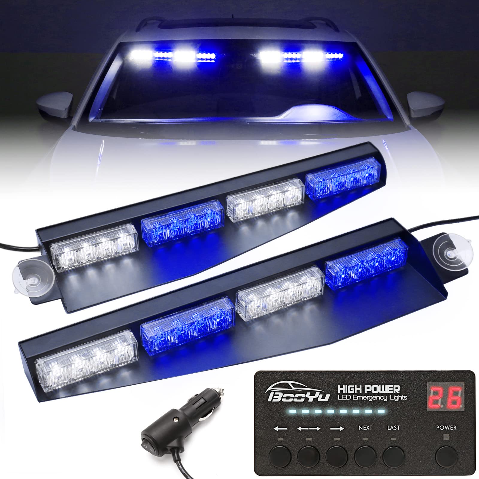 BooYu 32 LED Emergency Strobe Light Bar with Digital Display Controller - Blue/White 2W Warning Flashing Lights for Police, Firefighter, Truck & Emergency Vehicles - Interior Windshield Dash Mount for Enhanced Road Safety & Visibility