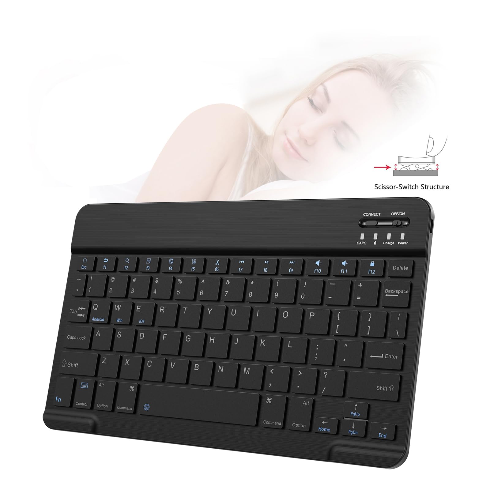 Ultra-Slim Bluetooth Keyboard for iPad, iPhone & Android Tablets - Portable Rechargeable Wireless Keyboard Compatible with iPad Air/Pro/Mini, Samsung Galaxy Tab - Perfect for Travel, Office & Home Use (Black)