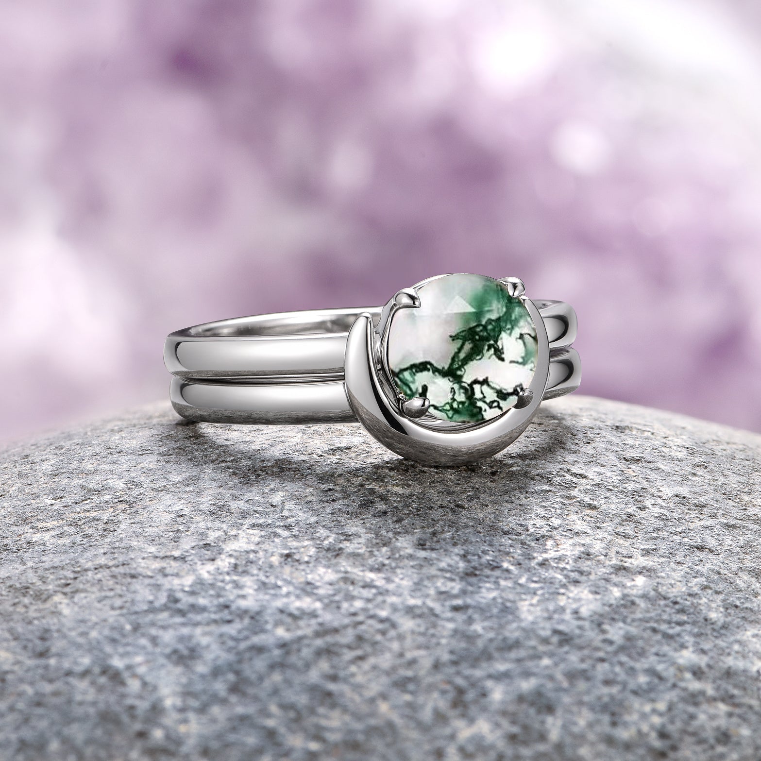 Elegant Moss Agate & Crescent Moon Sterling Silver Ring Set - Perfect for Boho Chic Style, Nature Lovers & Spiritual Jewelry Collection