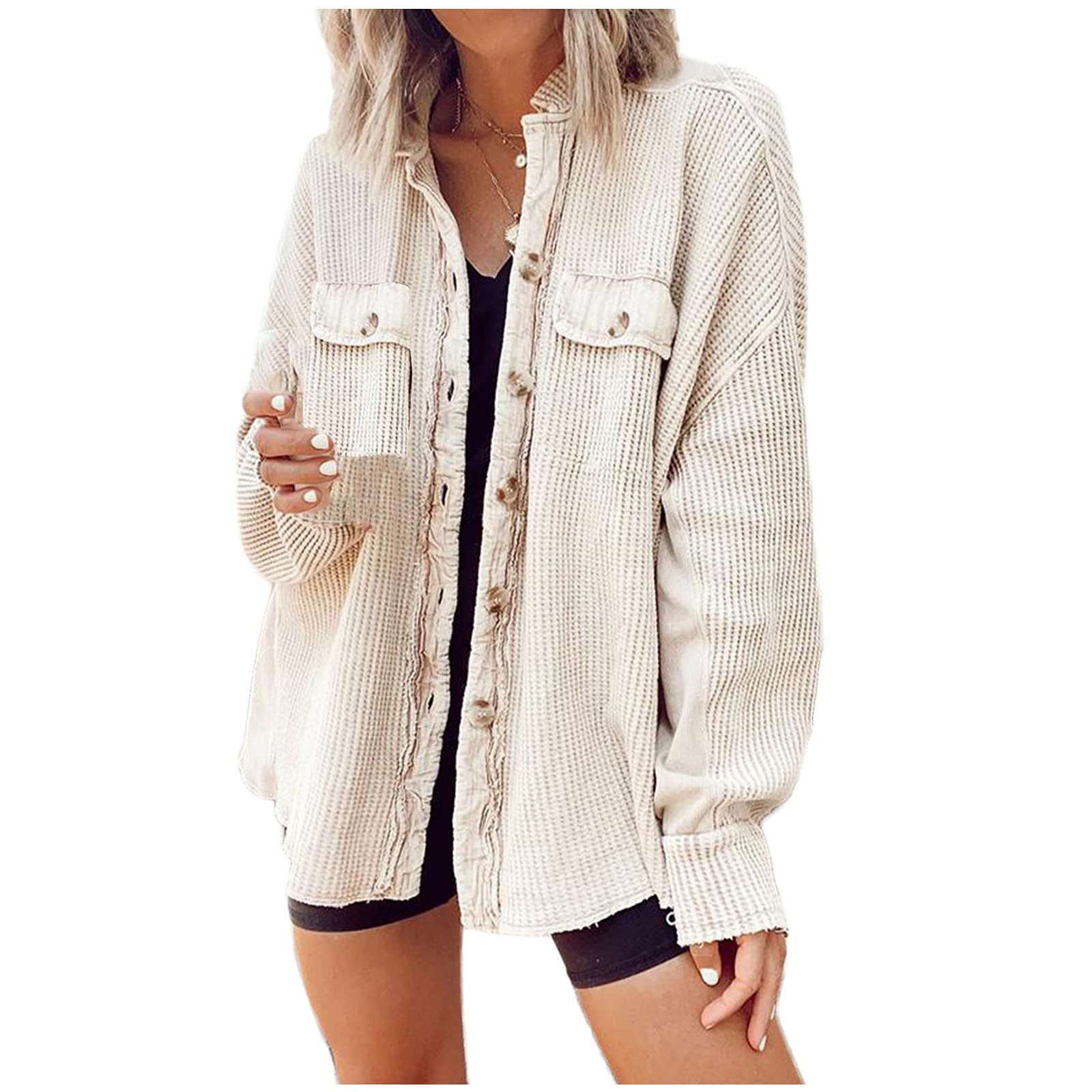Trendy Women's Fall Jackets - LUGOGNE Waffle Long Sleeve Button Down Coat with Loose Lapel | Solid Color Outerwear for Autumn Fashion, Work Office & Casual Outings