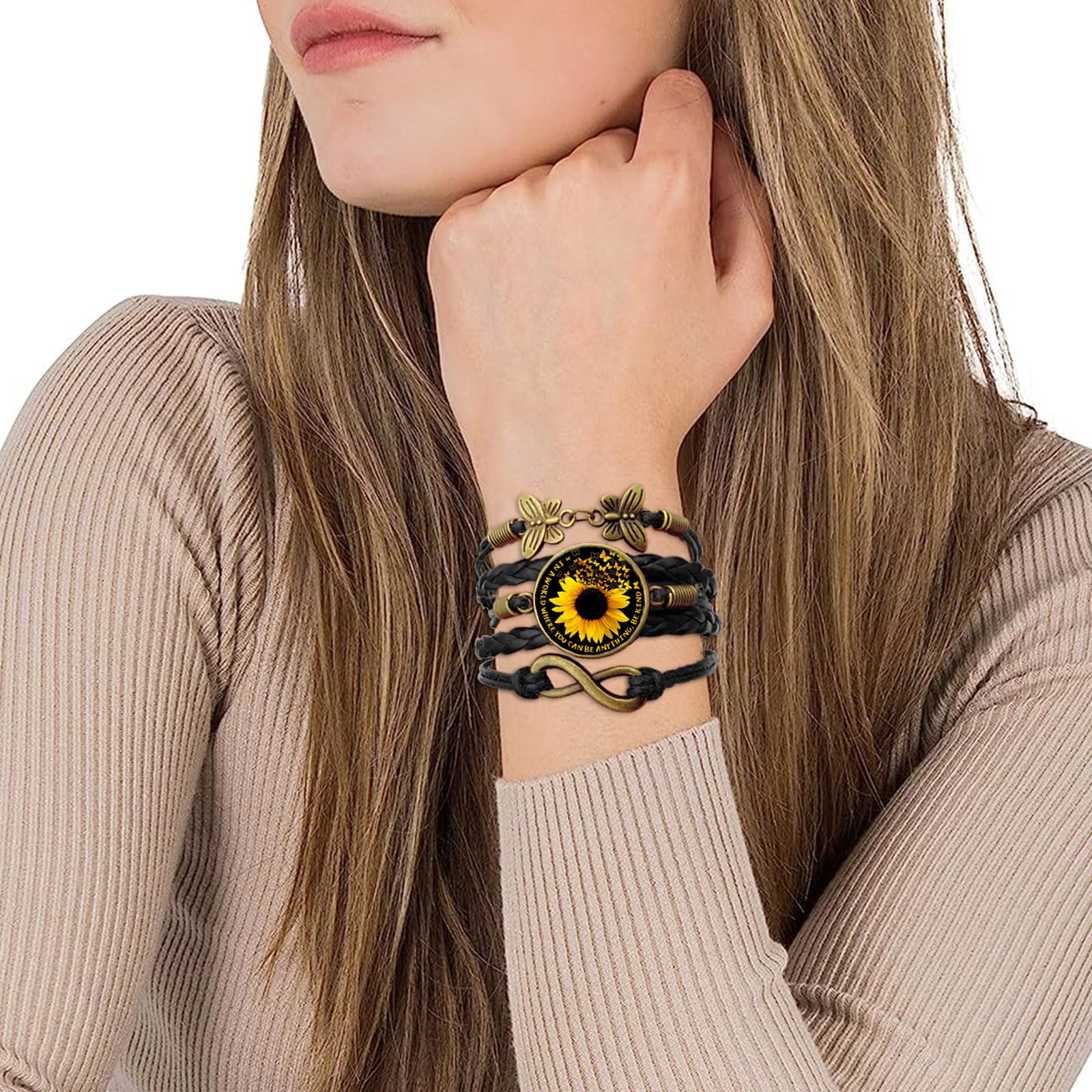 Boho Sunflower Leather Bracelet for Women - Handmade Bohemian Friendship Bracelet - Birthday Gift for Wife, Mom, Daughter, Teen Girls - Perfect for Summer Festivals, Boho Chic Outfits & Meaningful Gifting