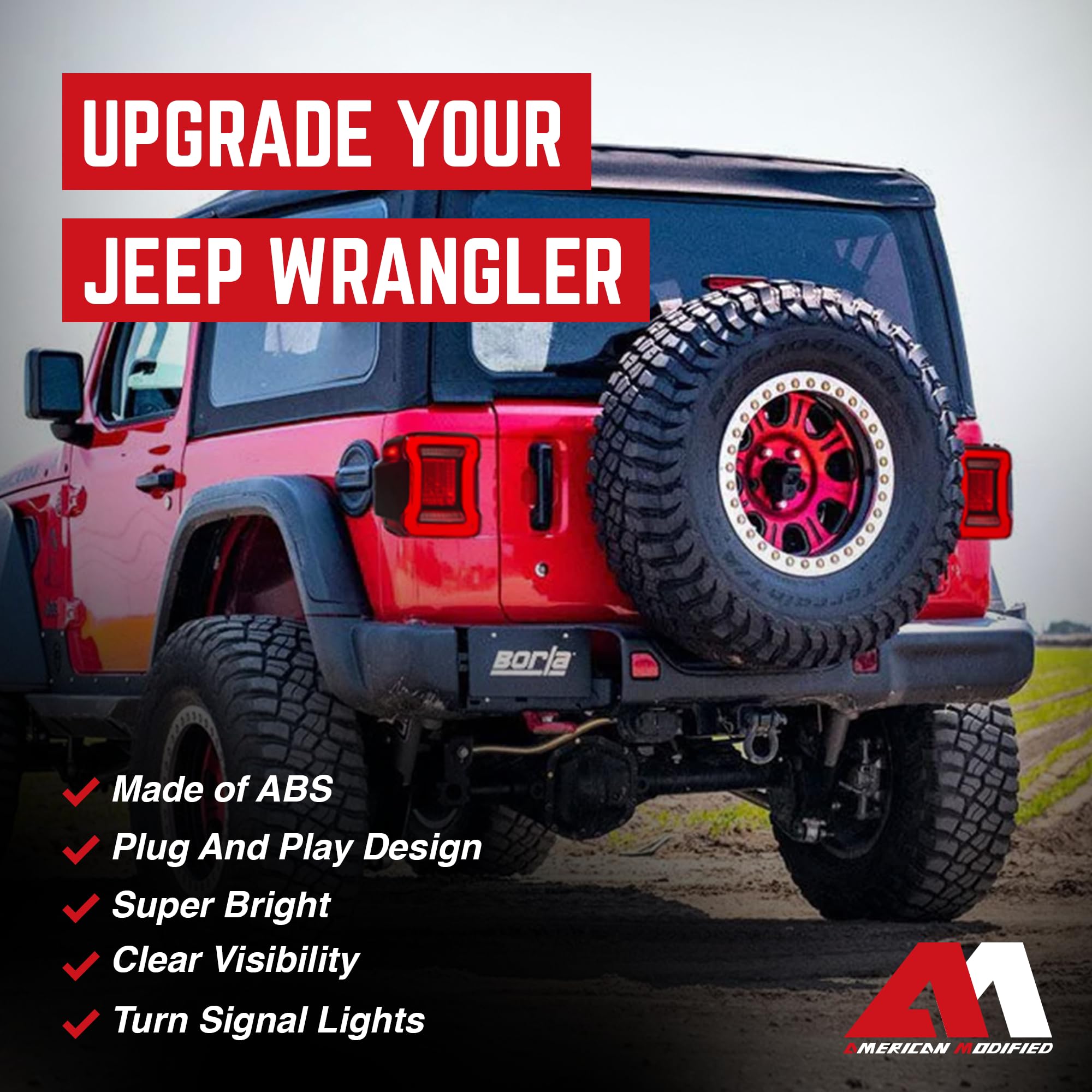 AMERICAN MODIFIED LED Tail Lights with 4 Signal Functions - Compatible with 2018-2023 Jeep Wrangler JL, Red Lens V2 - Perfect for Off-Roading & Night Driving
