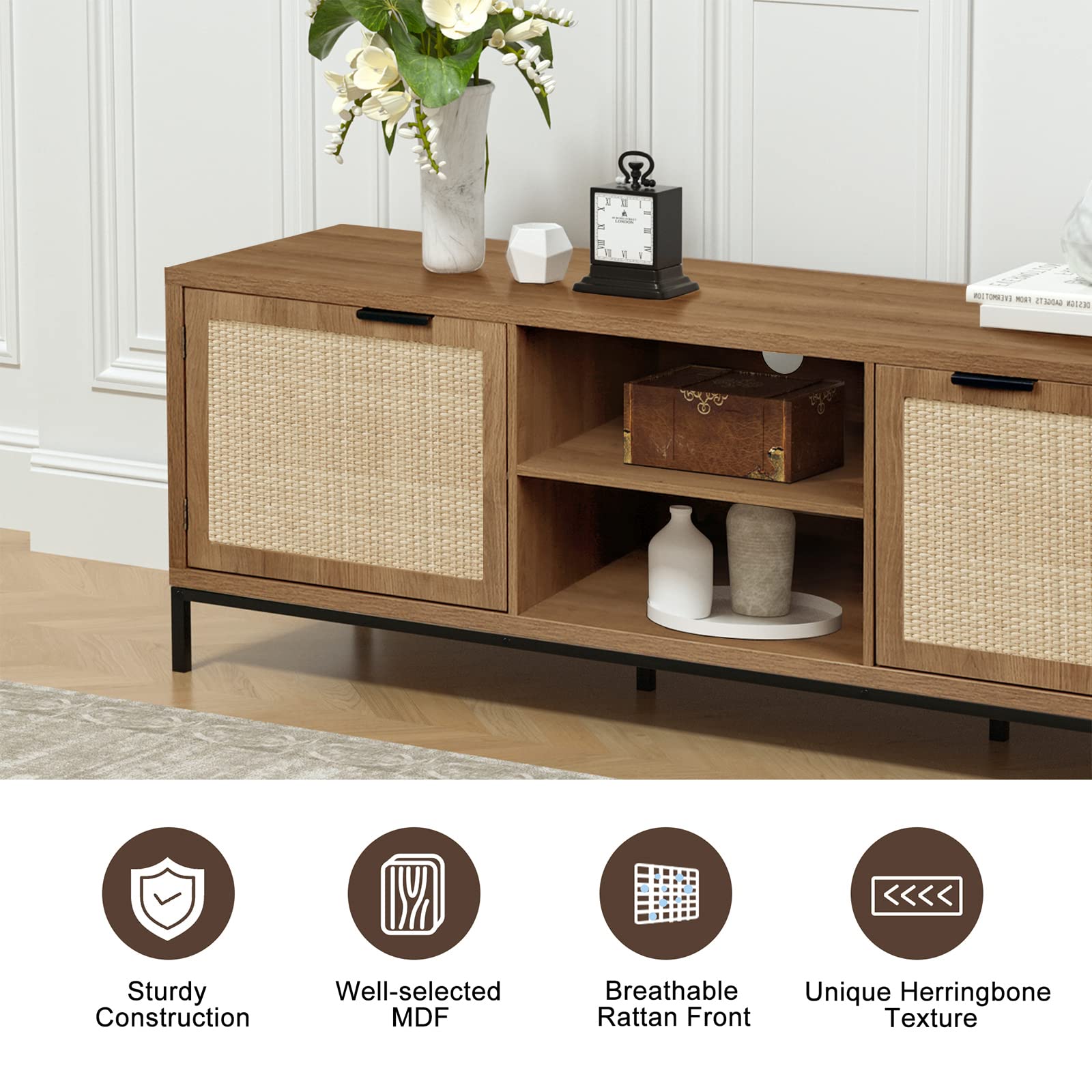 Anmytek Farmhouse Rattan TV Stand for 65 Inch TV - Rustic TV Console Table with 2 Rattan Doors - Modern Entertainment Center for Living Room & Bedroom - Perfect for Farmhouse Decor & Cozy Home Theater Setup (H0033)