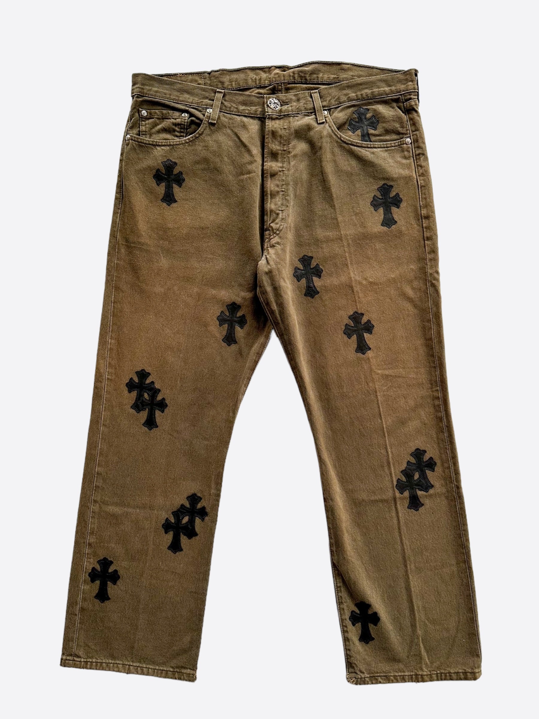 Chrome Hearts x Levi's Khaki Black Cross Patch Denim Jeans for Men - Stylish Vintage Streetwear for Casual Outfits & Night Out