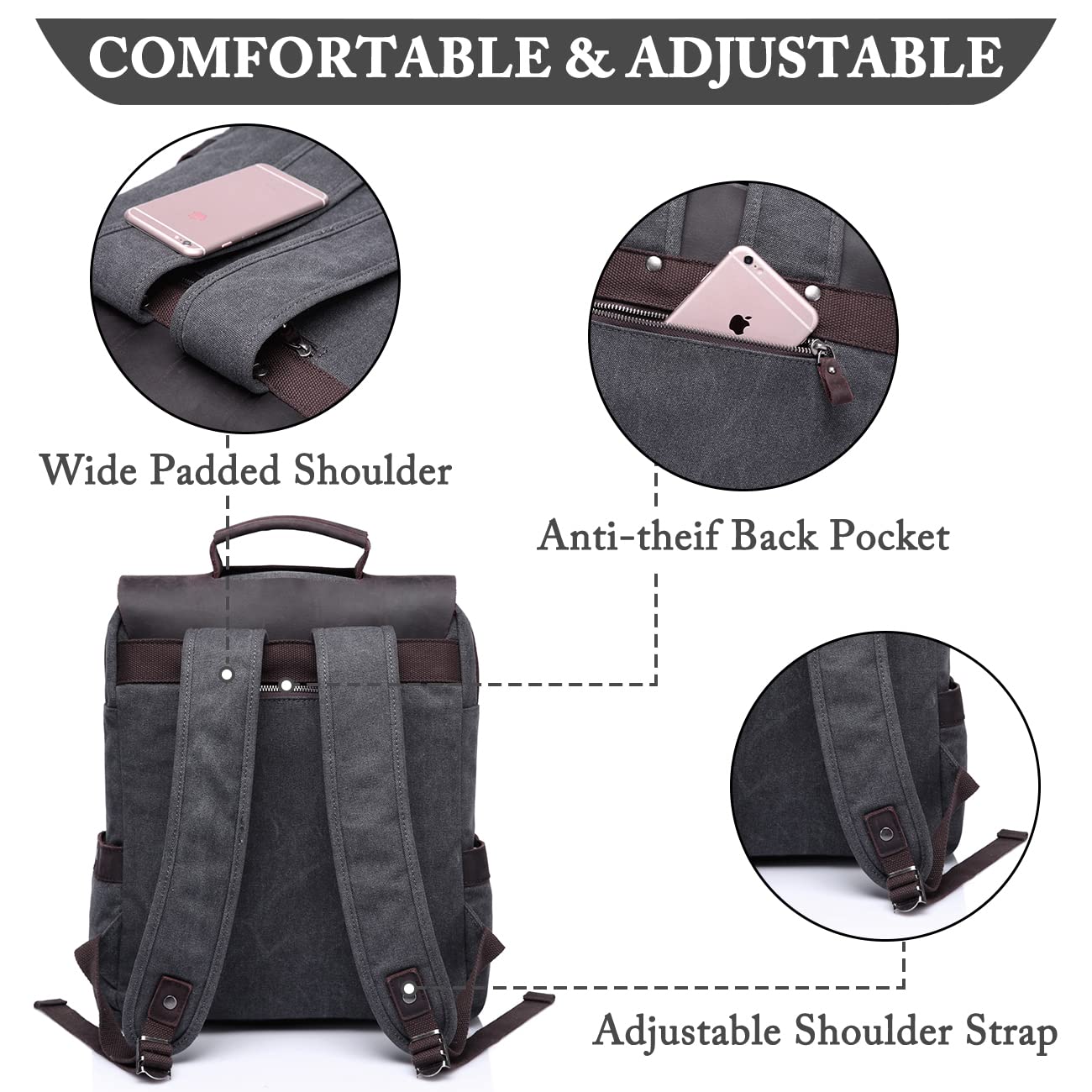 VASCHY Genuine Leather Laptop Backpack for Men & Women - Stylish Canvas College Rucksack with 15.6 Inch Laptop Compartment - Perfect for Work, School, Travel & Daily Commute