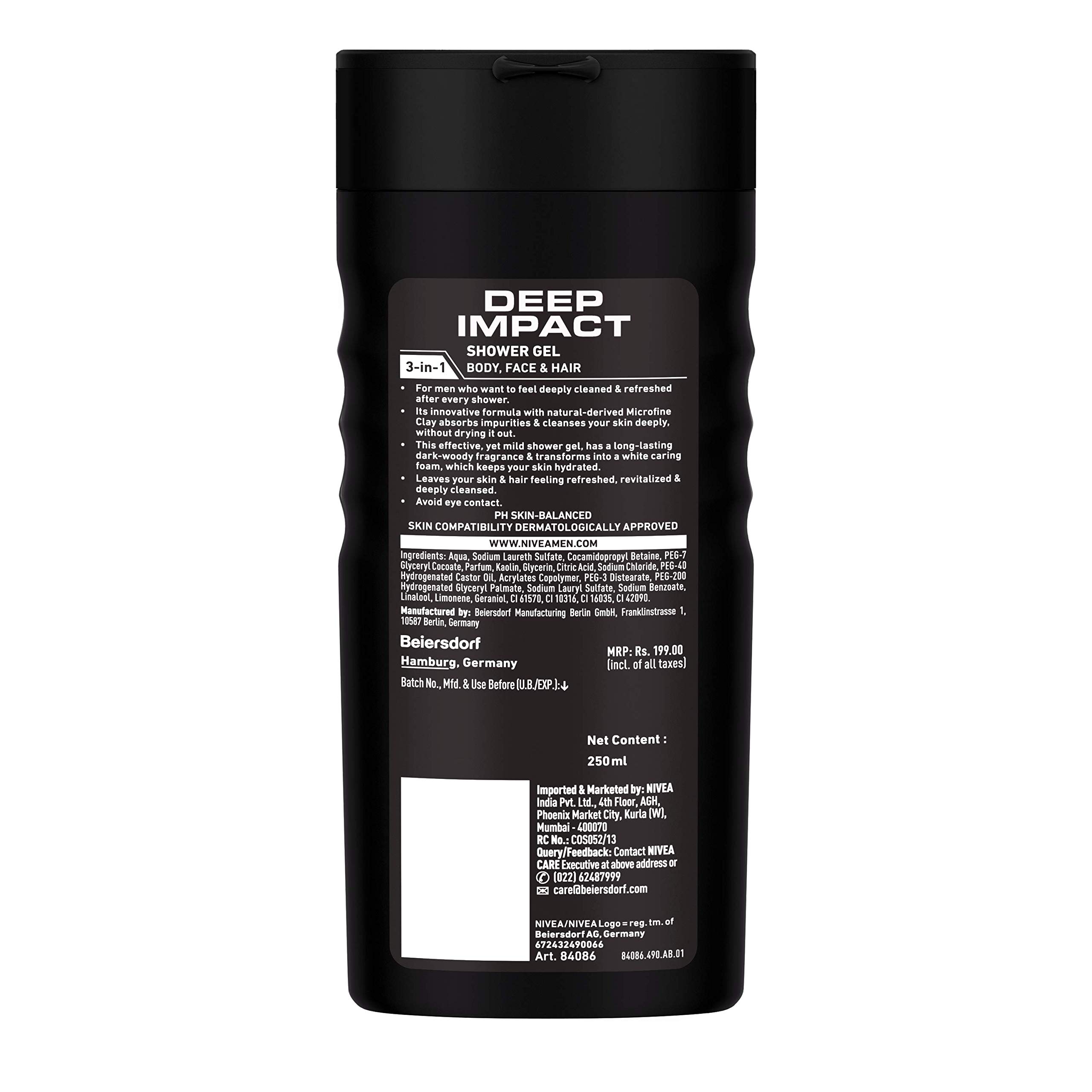 NIVEA Men Body Wash & Shower Gel - Deep Impact for Body, Face & Hair - 16.9 fl oz (Pack of 3) - Refreshing Daily Cleanser for Gym, Workout & Post-Shave Care