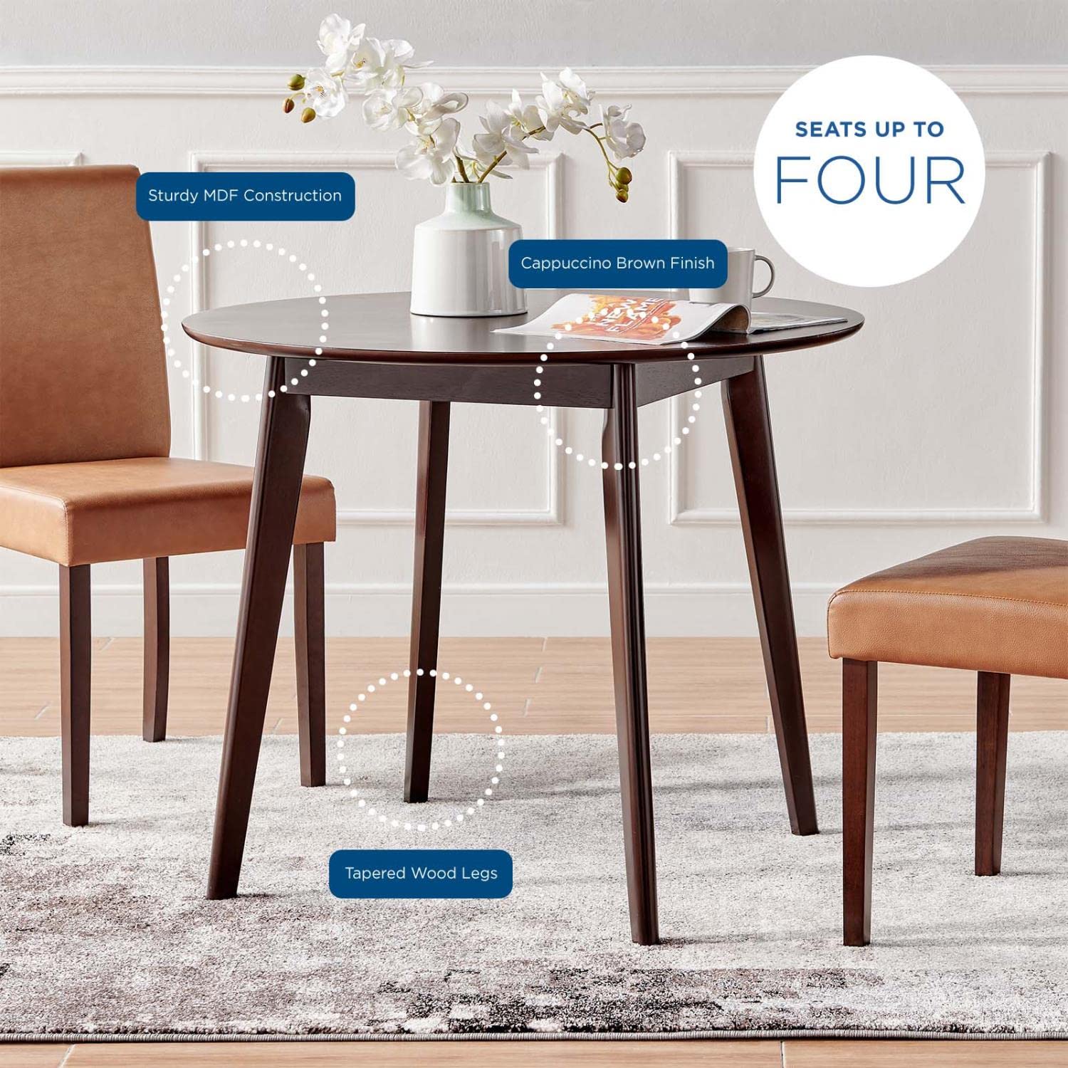 Modway Vision 35 Inch Round Dining Table in Cappuccino Finish - Perfect for Small Spaces, Kitchen Nooks & Cozy Breakfast Areas