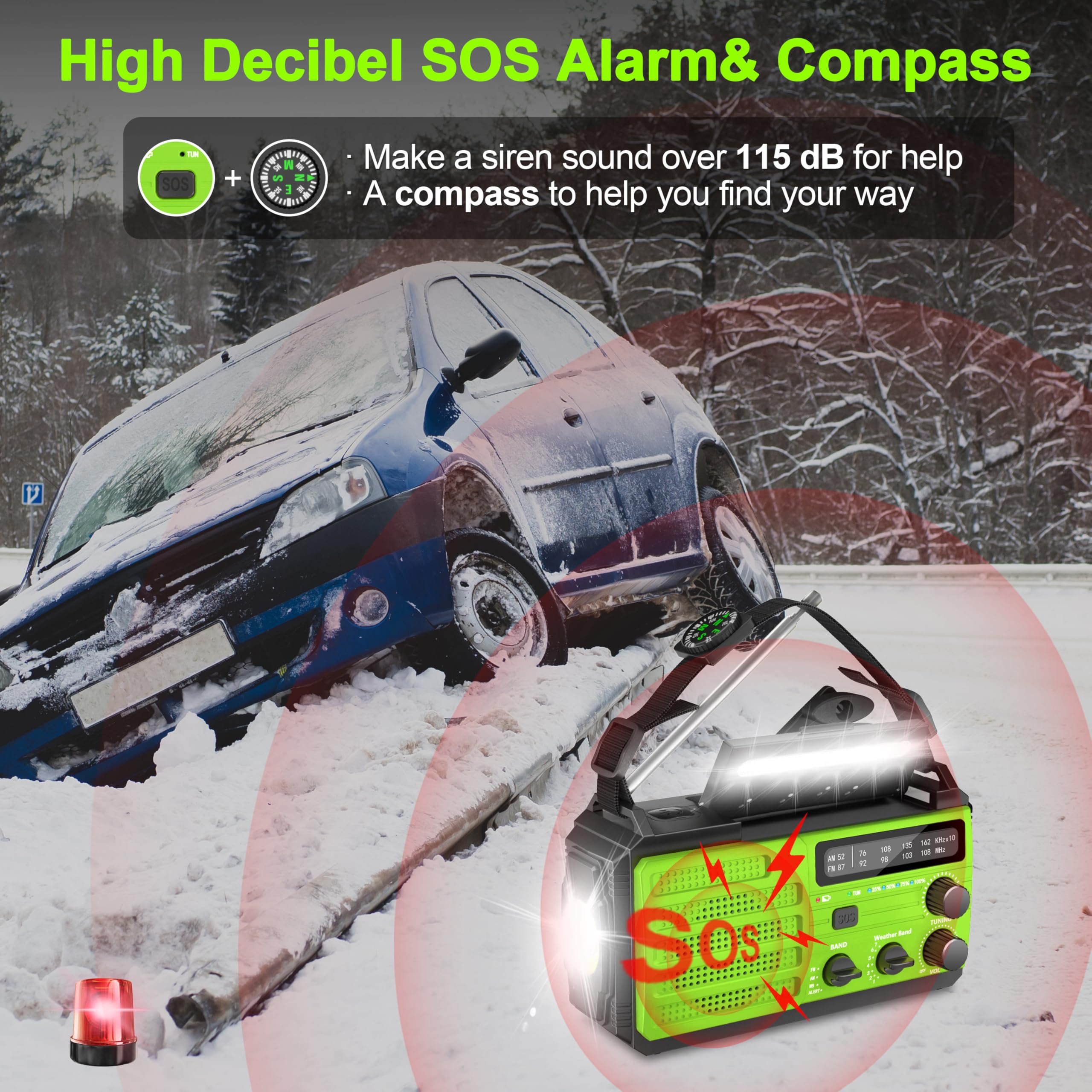 Solar Powered Emergency Radio - 22200mAh NOAA Weather Radio with AM/FM, Hand Crank Flashlight, SOS Alarm & Compass | Portable Survival Radio for Hurricanes, Winter Storms, Camping & Outdoor Adventures