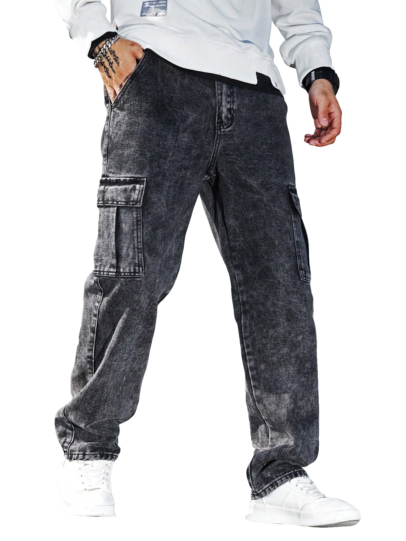 WDIRARA Men's Slim Fit Cargo Jeans - Straight Leg Denim Pants with Flap Pockets for Streetwear & Work | Comfortable & Stylish for Casual Outings, Urban Fashion & Outdoor Activities