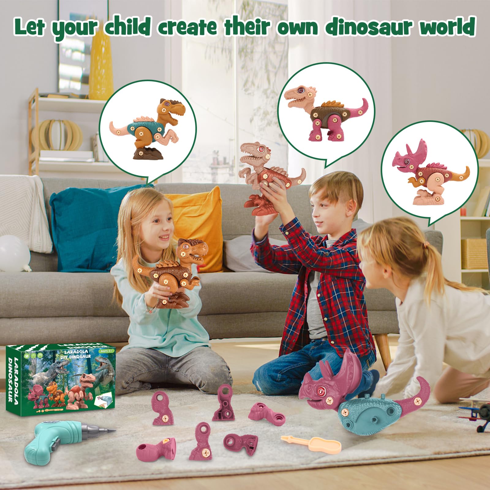 Laradola STEM Take Apart Dinosaur Toys for Kids Ages 3-8 - Construction Building Toys with Electric Drill - Educational Birthday Gifts for Boys & Girls (Blush Pink) | Perfect for STEM Learning, Creative Play & Birthday Parties