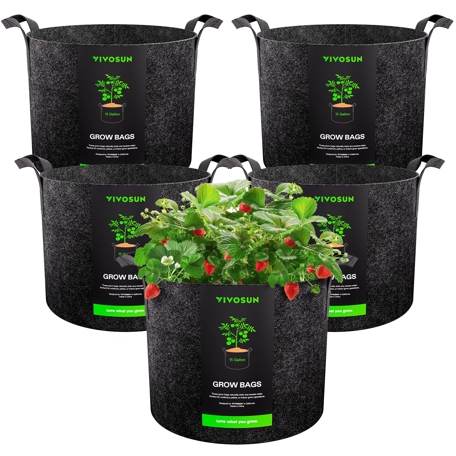 VIVOSUN 5-Pack 15 Gallon Heavy Duty Thickened Nonwoven Fabric Plant Grow Bags with Handles - Perfect for Indoor/Outdoor Gardening, Vegetable Planting & Flower Pots