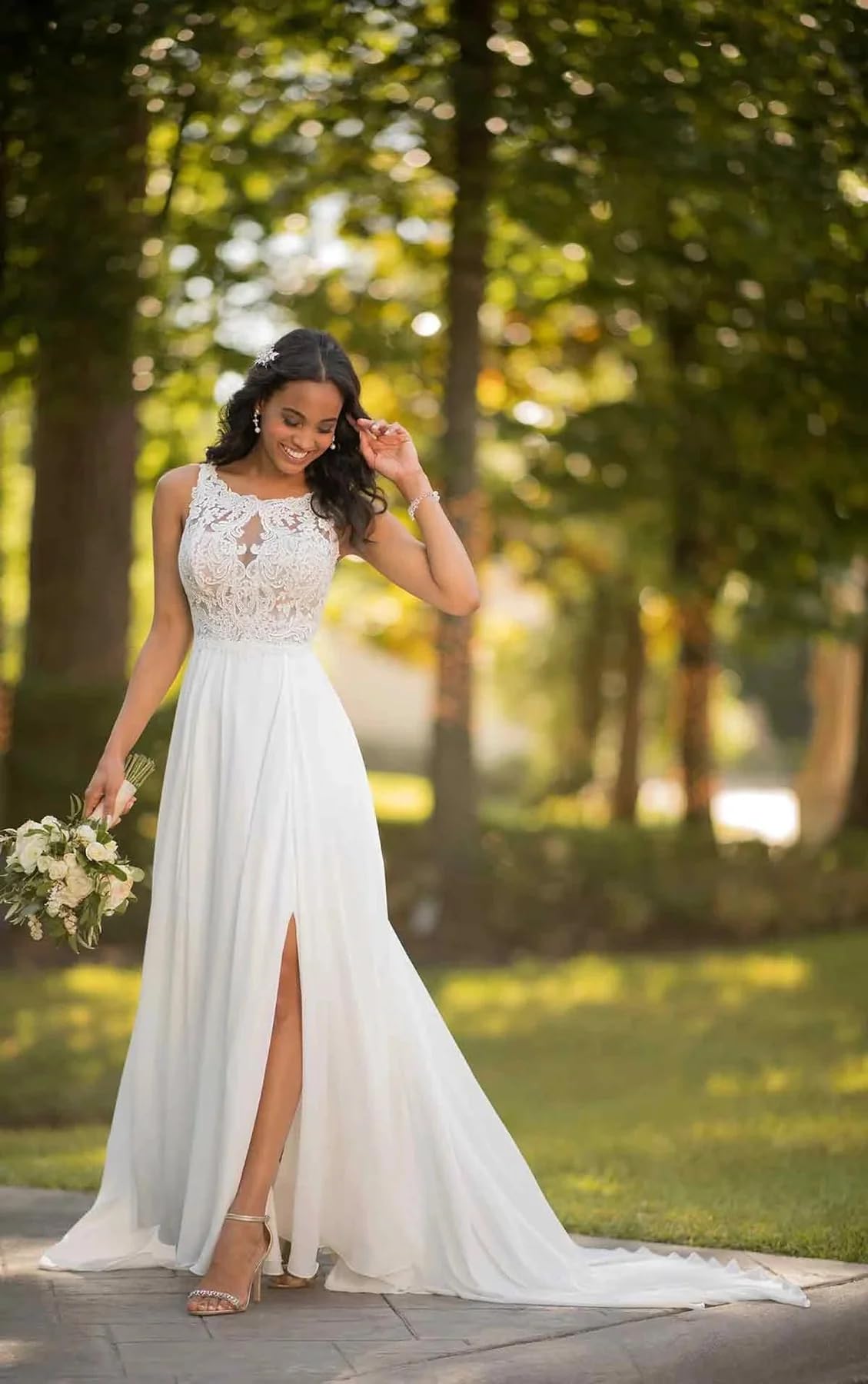 Elegant Chiffon Lace Wedding Dress for Bride - A-Line Beach Bridal Gown with Train & Side Slit | Perfect for Beach Weddings, Outdoor Ceremonies & Romantic Photoshoots