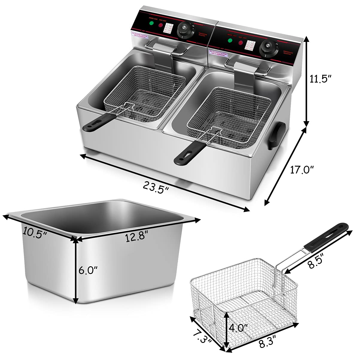 Giantex 3400W Commercial Dual Tank Deep Fryer - 12.8QT Stainless Steel Electric Fryer with 2 Baskets, Lids & Temperature Control - Perfect for French Fries, Chicken, Turkey in Restaurants & Home Kitchens
