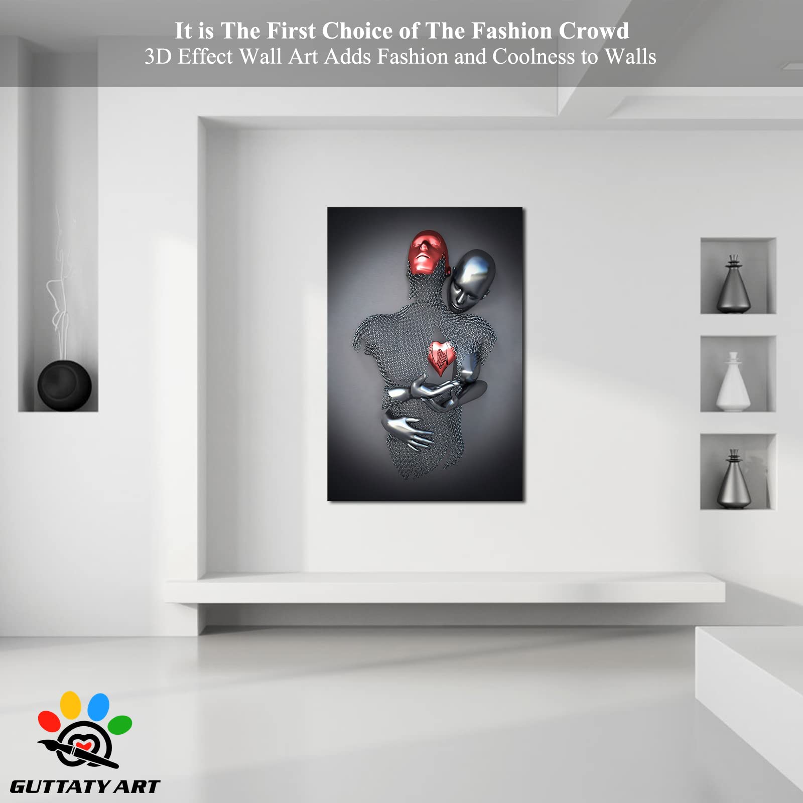 3D Metal Effect Love Heart Gray Canvas Wall Art - Romantic Couples Bedroom Decor, Modern Living Room Artwork, Valentine's Day Gift - 32x48 Inches - Perfect for Home, Office & Wedding Decorations
