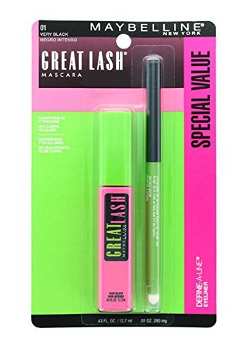 Maybelline Great Lash Mascara Very Black - Volumizing & Lengthening Mascara with Bonus Define-A-Line Eyeliner in Ebony Black | Perfect for Day to Night Makeup & Special Occasions
