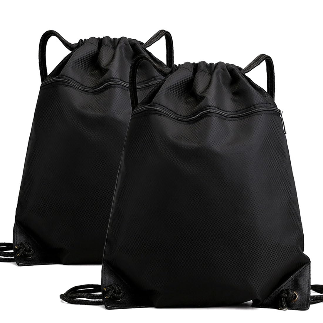 **Waterproof Drawstring Backpack with Zipper Pocket - Lightweight Gym & Swimming Sack for Men & Women (Pack of 2, Black) - Perfect for Sports, Travel & Outdoor Activities**