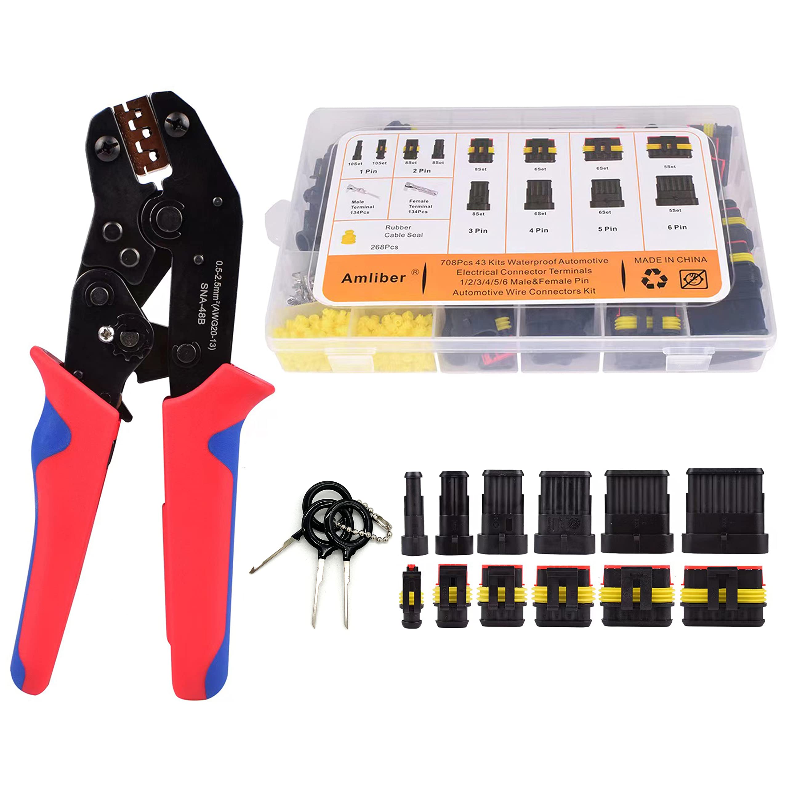 709Pcs 43 Kits Waterproof Automotive Wire Connectors with Ratcheting Crimper - 1/2/3/4/5/6 Pin Electrical Connector Kit for Car, Truck, Motorcycle & Marine Wiring Repairs | DIY Electrical Projects & Professional Auto Maintenance