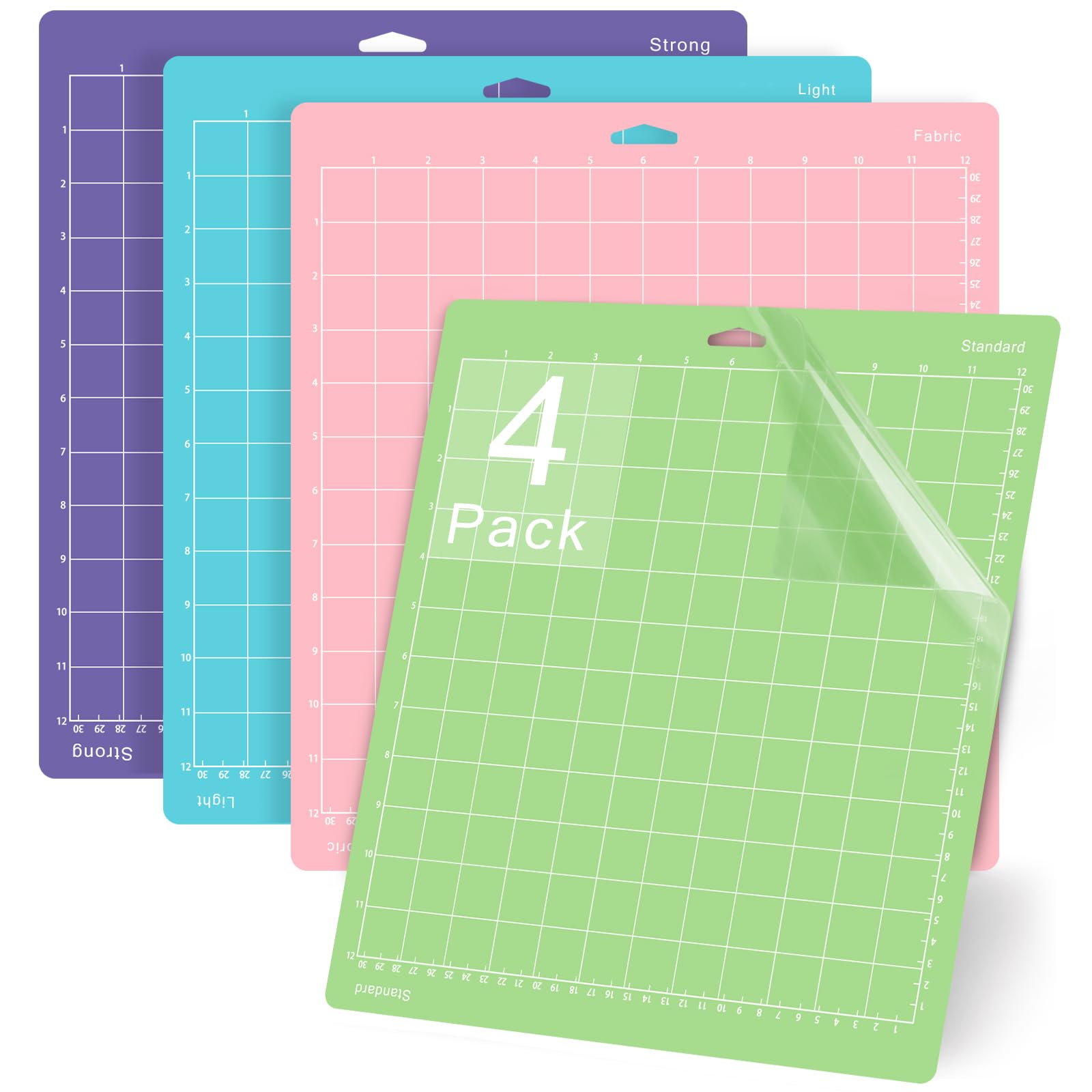 Premium 12x12 Inch Cutting Mats for Cricut Explore One/Air/Air 2/Maker 3/Maker - 4 Pack Adhesive Non-Slip Durable Replacement Mats (Standard/Light/Strong/Fabric) - Perfect for DIY Crafts, Scrapbooking & Vinyl Projects