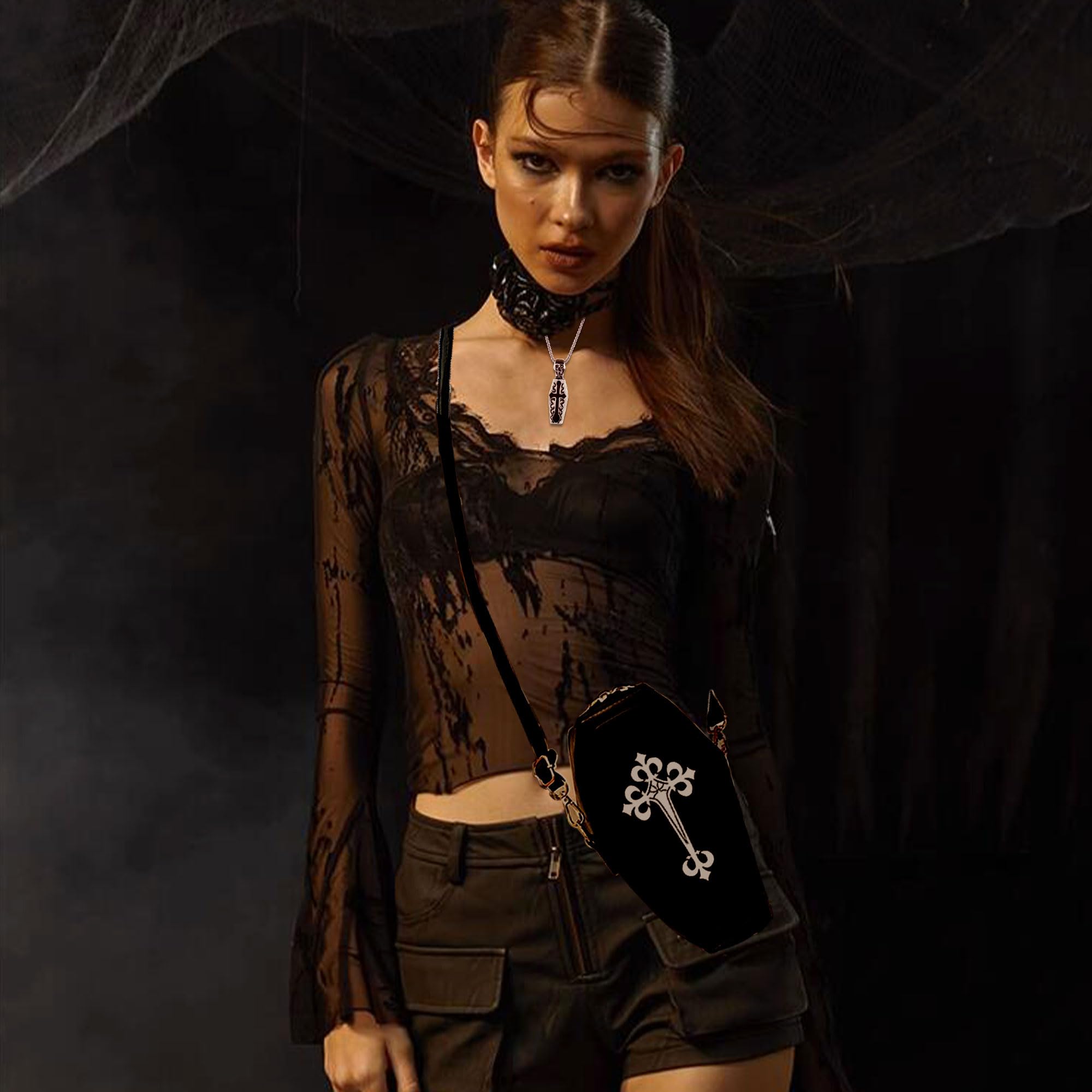 JeVenis Gothic Coffin Crossbody Bag - Stylish Novelty Purse for Women, Goth Shoulder Bag with Unique Design - Perfect for Halloween, Cosplay, and Alternative Fashion Outfits