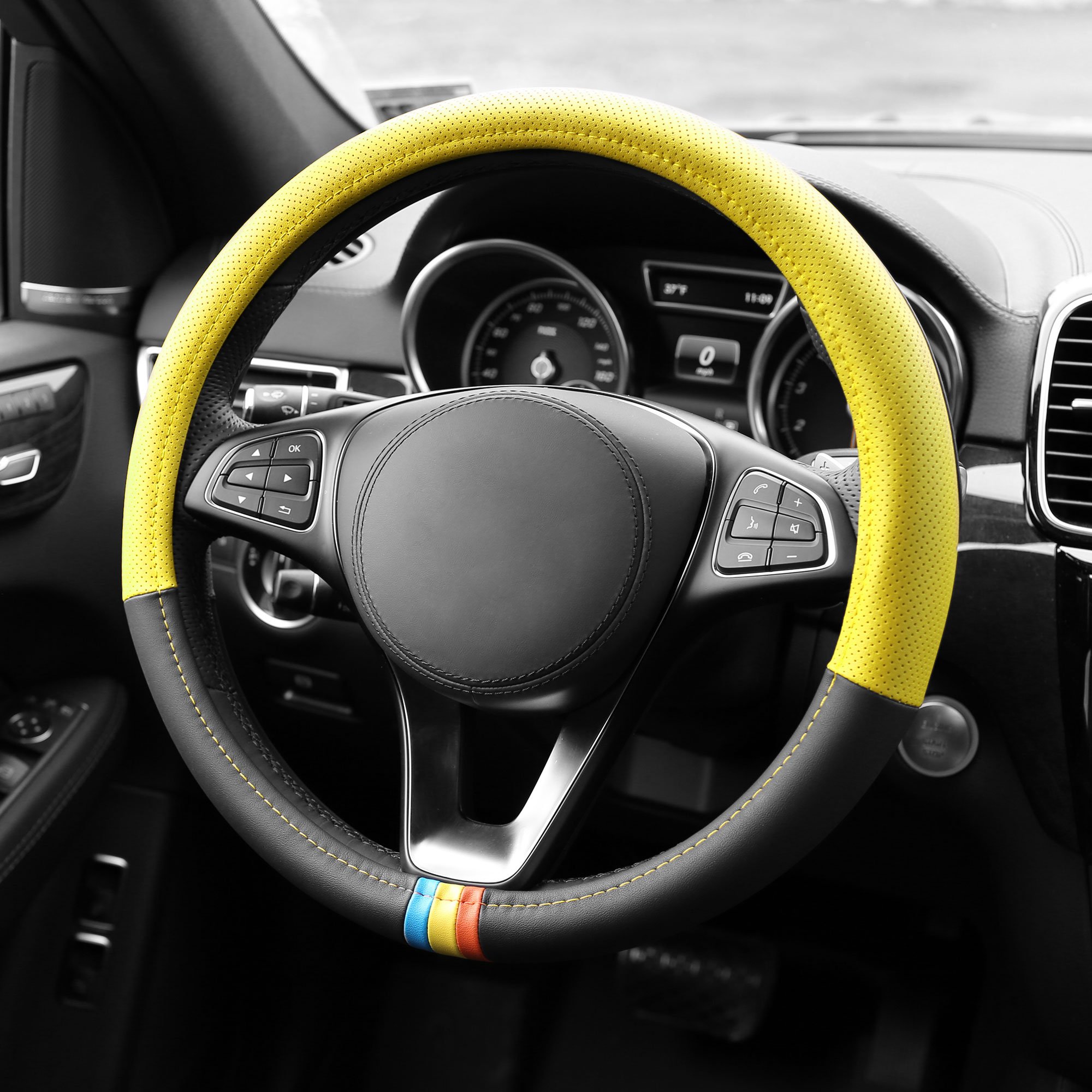 FH Group Full Spectrum Microfiber Leather Steering Wheel Cover - Universal Fit for Cars & SUVs - Yellow | Non-Slip Grip, Heat & UV Protection | Perfect for Road Trips & Daily Commuting