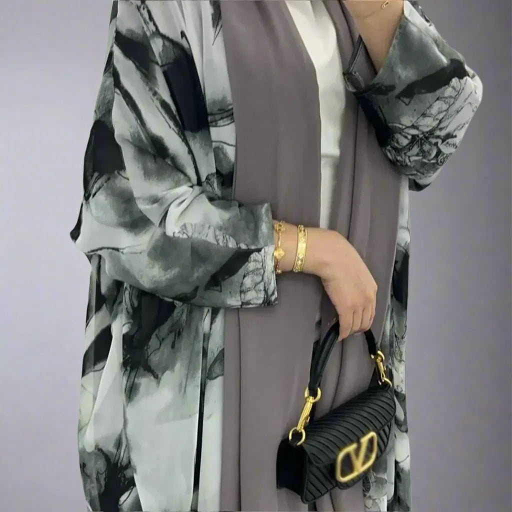 Modest Fashion Printed Cardigan Open Abaya Dress for Women - Stylish Muslim Outerwear for Prayer, Home & Casual Wear