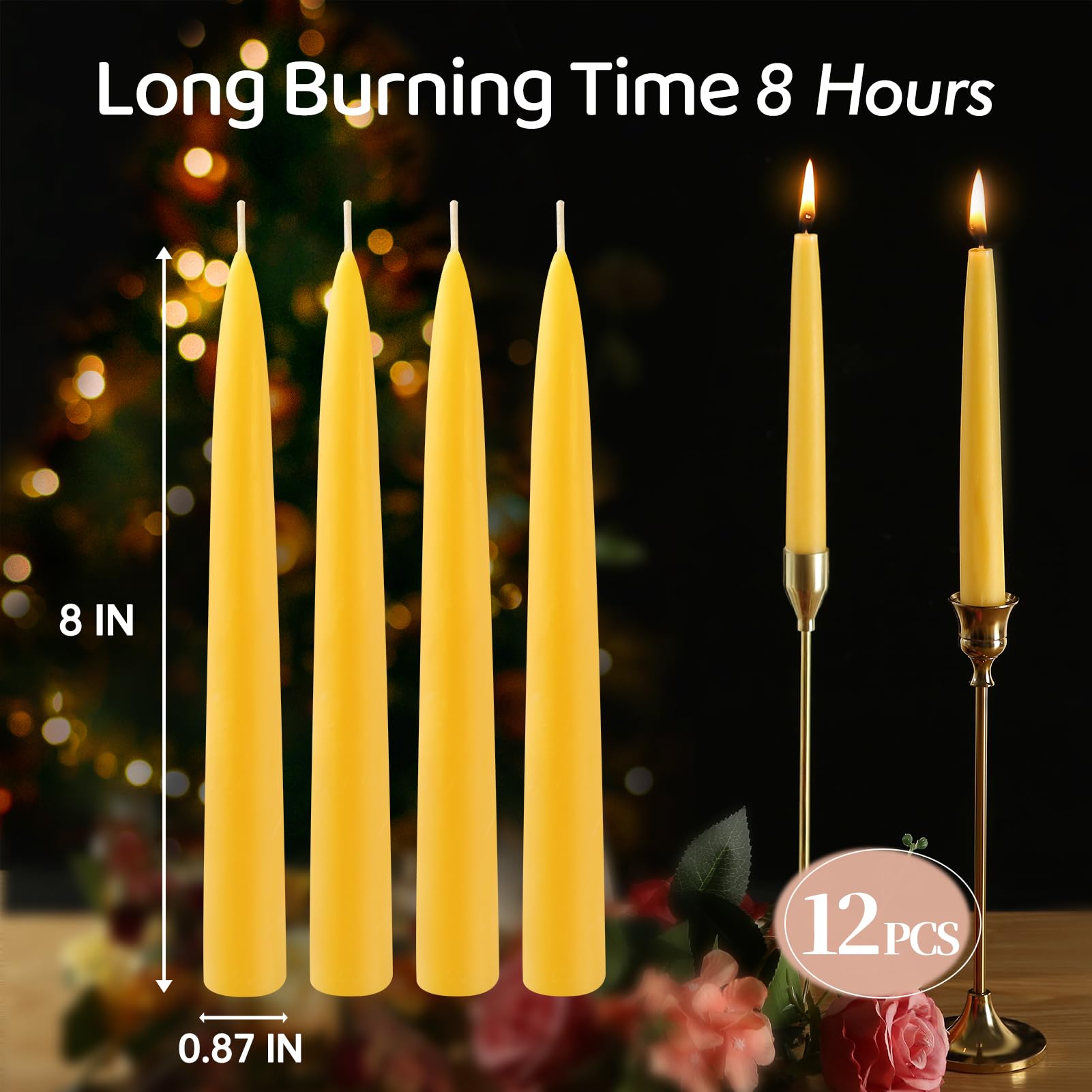 12 Pack 8in Dripless Pure Beeswax Taper Candles - 100% Natural, Long Burning (8 Hours), Smokeless & Unscented Beeswax Candle Sticks for Home Decor, Prayer, Meditation, Romantic Dinners & Special Occasions