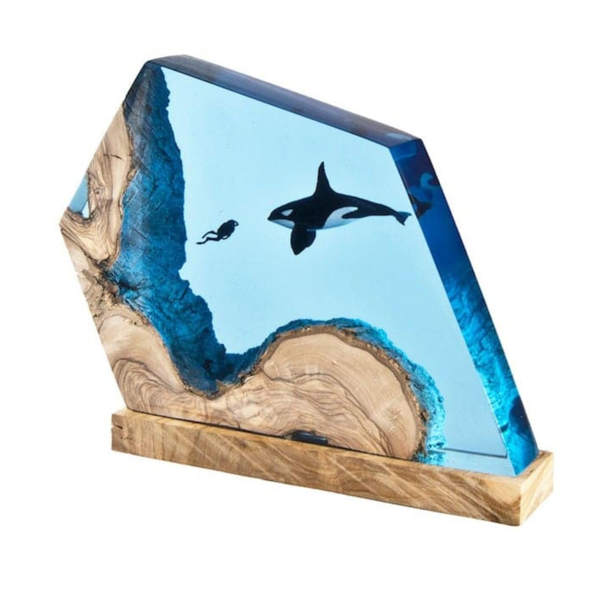 Handcrafted Orca & Diver Scuba Resin Wood Night Light - 8x8 Inch Ocean Theme Epoxy Lamp for Bedroom, Living Room Decor - Unique Whale Gift for Marine Lovers & Home Office Ambiance