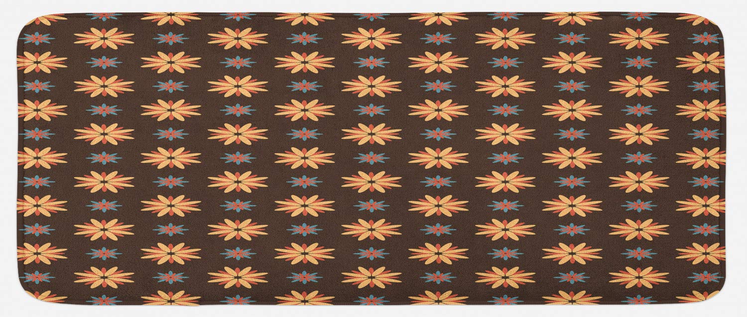 Ambesonne Non-Slip Kitchen Mat - Dark Brown Vermilion with Orange Floral Design, 47