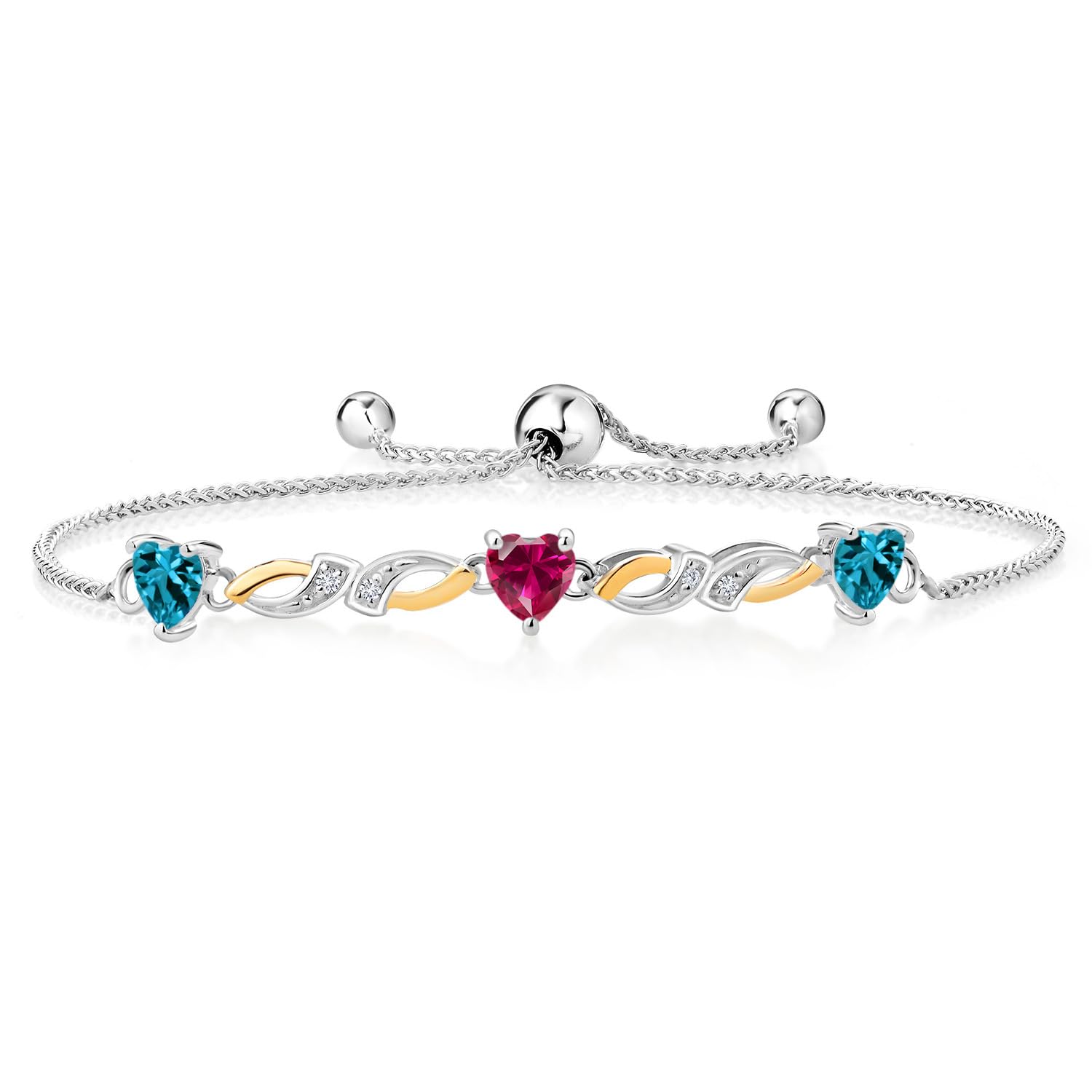 1.73 Ct Heart-Shaped London Blue Topaz & Red Created Ruby Bracelet - 925 Sterling Silver & 10K Yellow Gold with Lab-Grown Diamonds | Elegant Women's Jewelry for Anniversary, Valentine's Day & Special Occasions