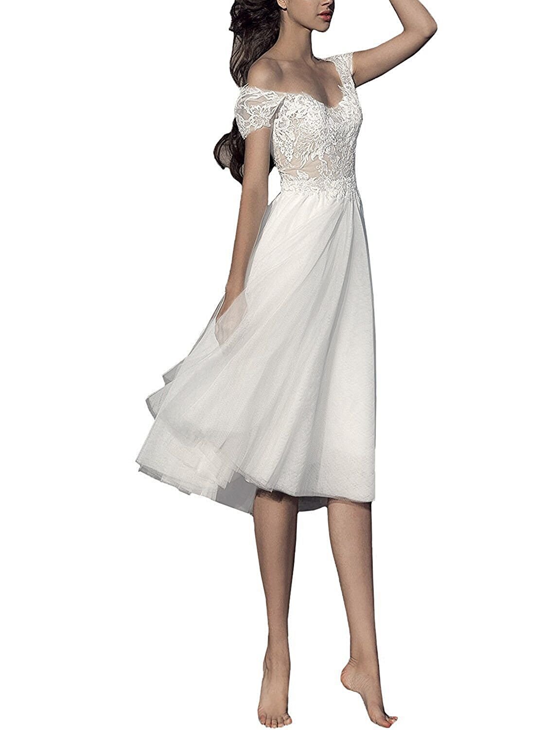 Lorderqueen Women's A-Line Short Beach Wedding Dress Lace Tulle Prom Dresses for Summer Destination Weddings & Bridal Showers