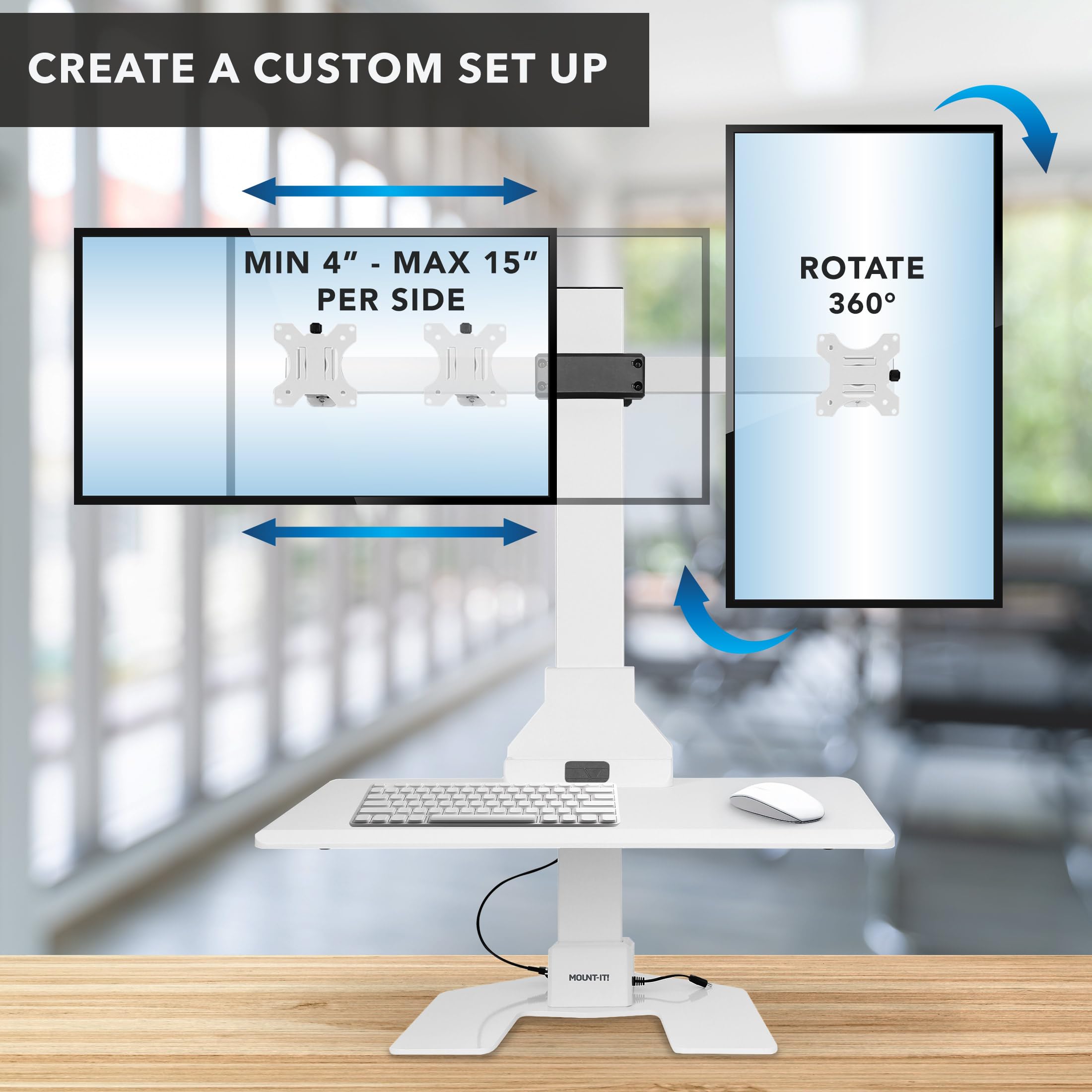 Mount-It! Electric Sit Stand Desk Converter - Motorized Adjustable Height Standing Desk Riser with Dual Monitor Mounts & Tablet Slot - Ergonomic Workstation for Office, Home & Gaming - White