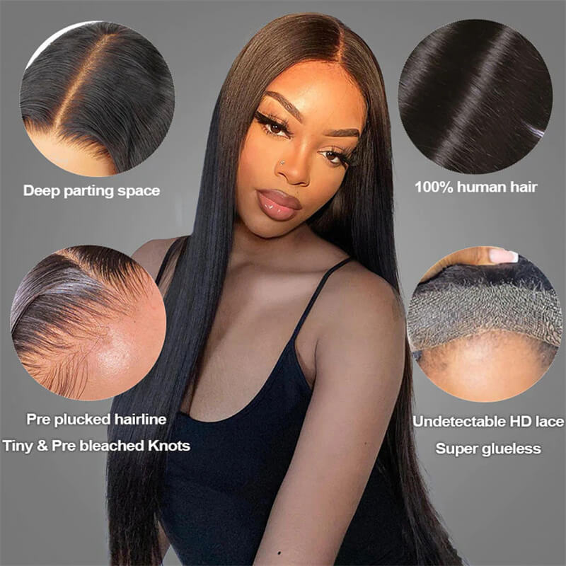 Eullair Glueless Straight Hair Wigs with Pre-Cut Lace 6x4 & 5x5 HD Closure - Beginner Friendly Human Hair Wigs for Everyday Wear & Special Occasions