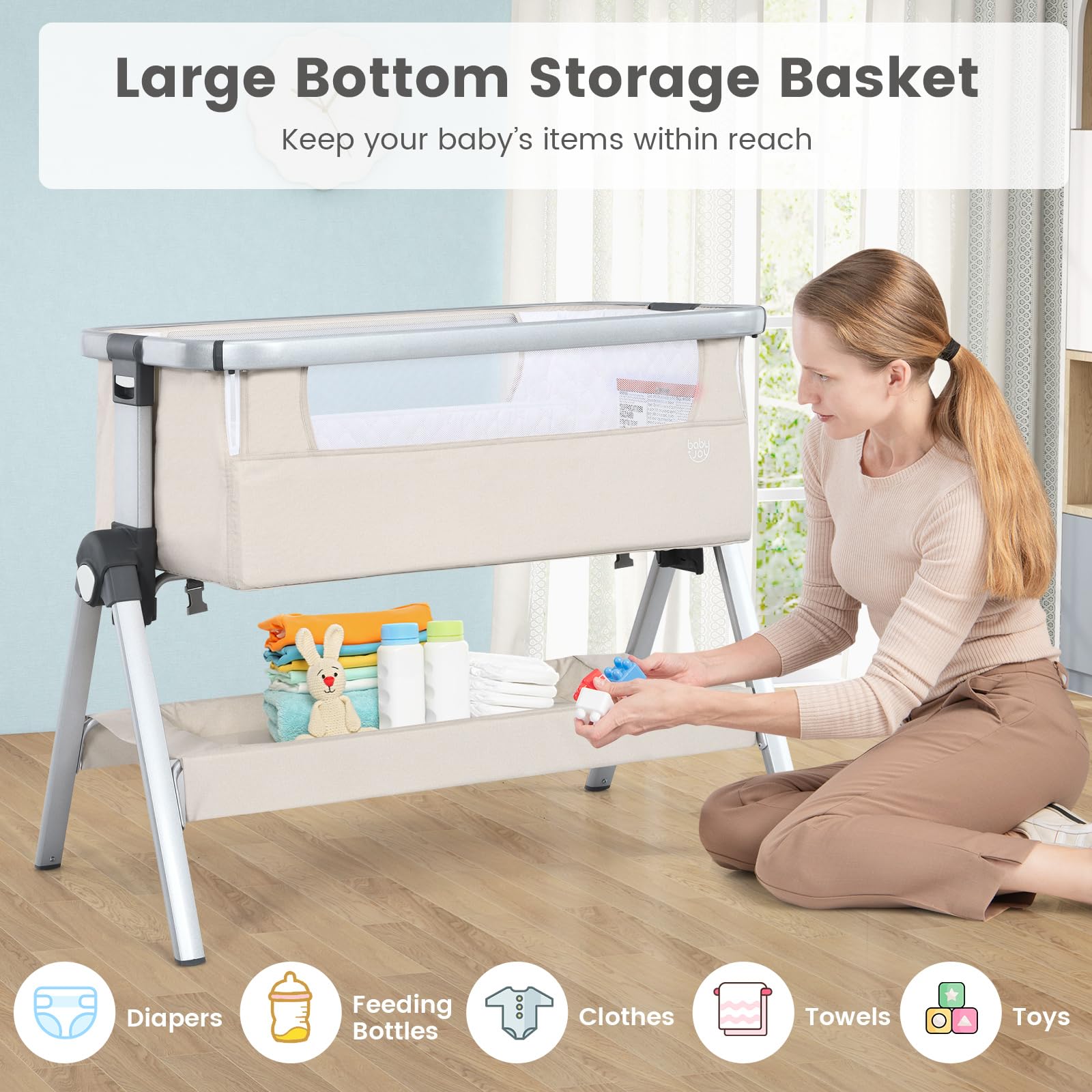 **BABY JOY Portable Bassinet Bedside Crib with Mattress - Adjustable Height, Storage Basket & Travel Bag - Safe Newborn Sleeper for Nursery, Travel & Co-Sleeping (Beige)**