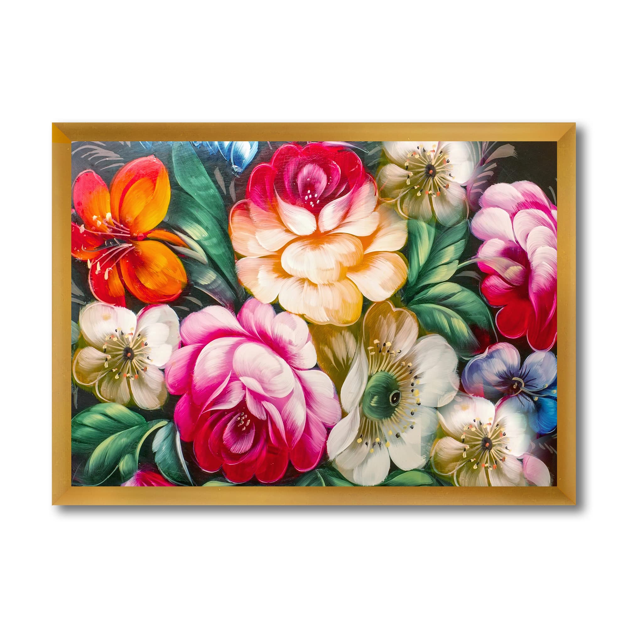 Vintage Vibrant Red & Yellow Flower Still Life II - Traditional Framed Wall Art Painting for Living Room, Bedroom & Office Decor
