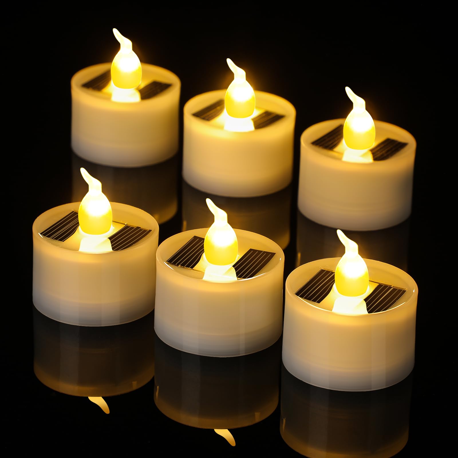 Hortsun 6-Pack Solar Powered LED Tea Lights - Waterproof Flameless Candles with Flickering Flame Effect & Light Sensor - Rechargeable Outdoor Decor for Garden, Patio, Wedding, Party & Home Decoration