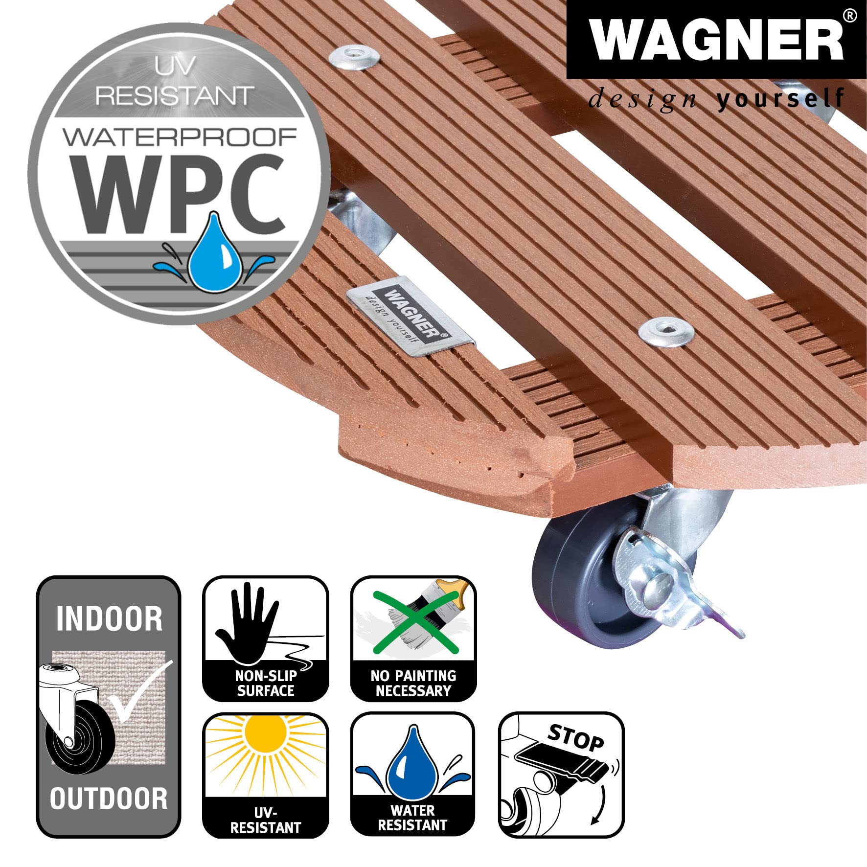 Premium WPC Plant Caddy - 11.42 Inch Diameter x 2.95 Inch Height - Durable Indoor/Outdoor Flower Pot Stand with 220 lbs Capacity - FSC® Certified Wood Plastic Composite in Terracotta (2 Brakes Included) - Perfect for Patio, Garden, Balcony & Home Decor - Model 20053501