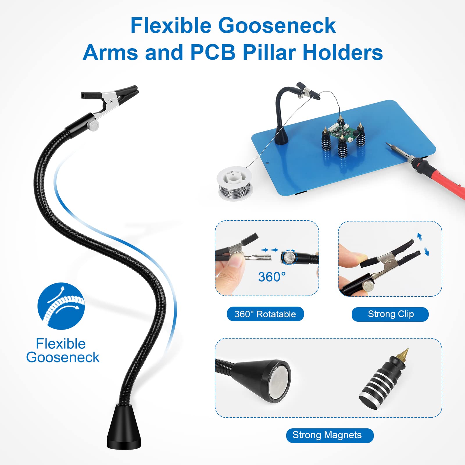 Magnetic Soldering Helping Hands with 2-in-1 Heat Gun Holder & Flexible Arms - Third Hand Tool for Welding, PCB Repair, Hobby Crafts - Perfect for Electronics Workbench & DIY Projects