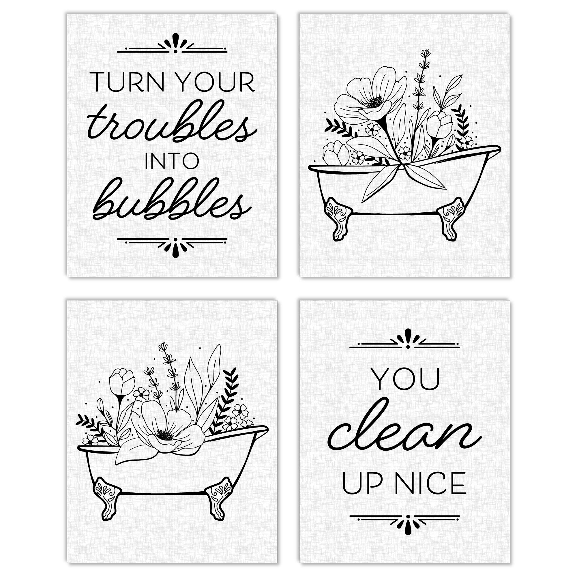Big Dot of Happiness Turn Your Troubles Into Bubbles - Set of 4 Unframed 8x10 Inch Black & White Bathroom Wall Art Prints - Perfect for Spa Decor, Relaxation Spaces & Home Interior Design