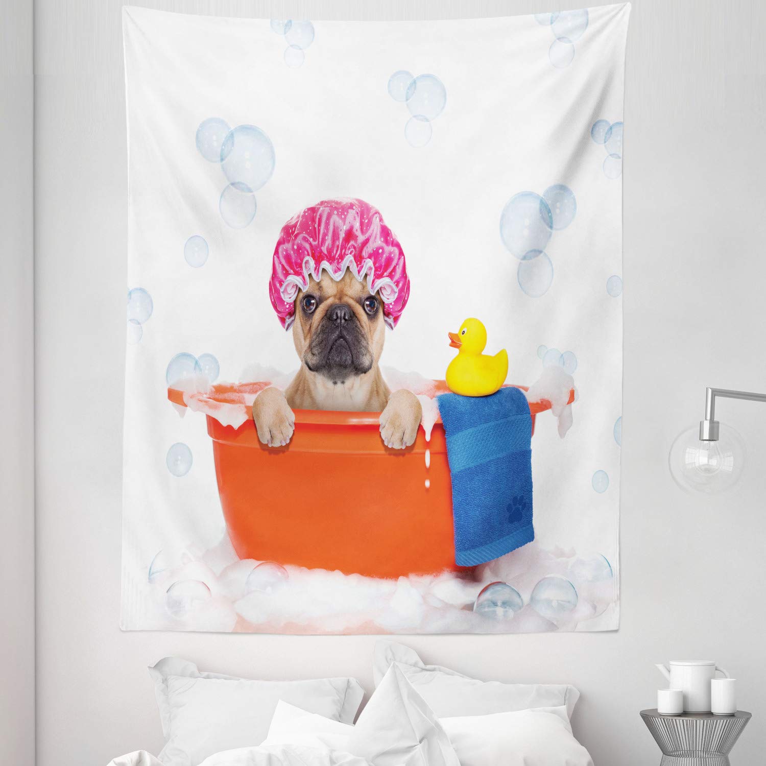 Ambesonne Dog Lover Tapestry - French Bulldog Bathing with Rubber Duck on Bubbles Background, Twin Size Wall Hanging (68