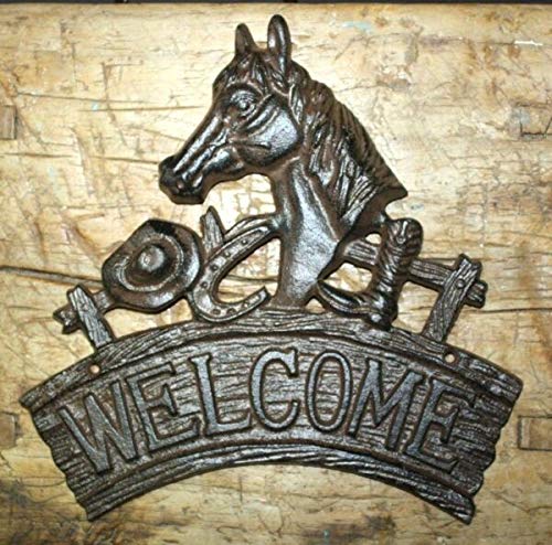 Vintage Cast Iron Horse Head Welcome Sign - Western Cowboy Plaque for Rustic Ranch Home Decor, Wall Art & Outdoor Entryway (Perfect for Farmhouse, Cabin, or Western-Themed Spaces)